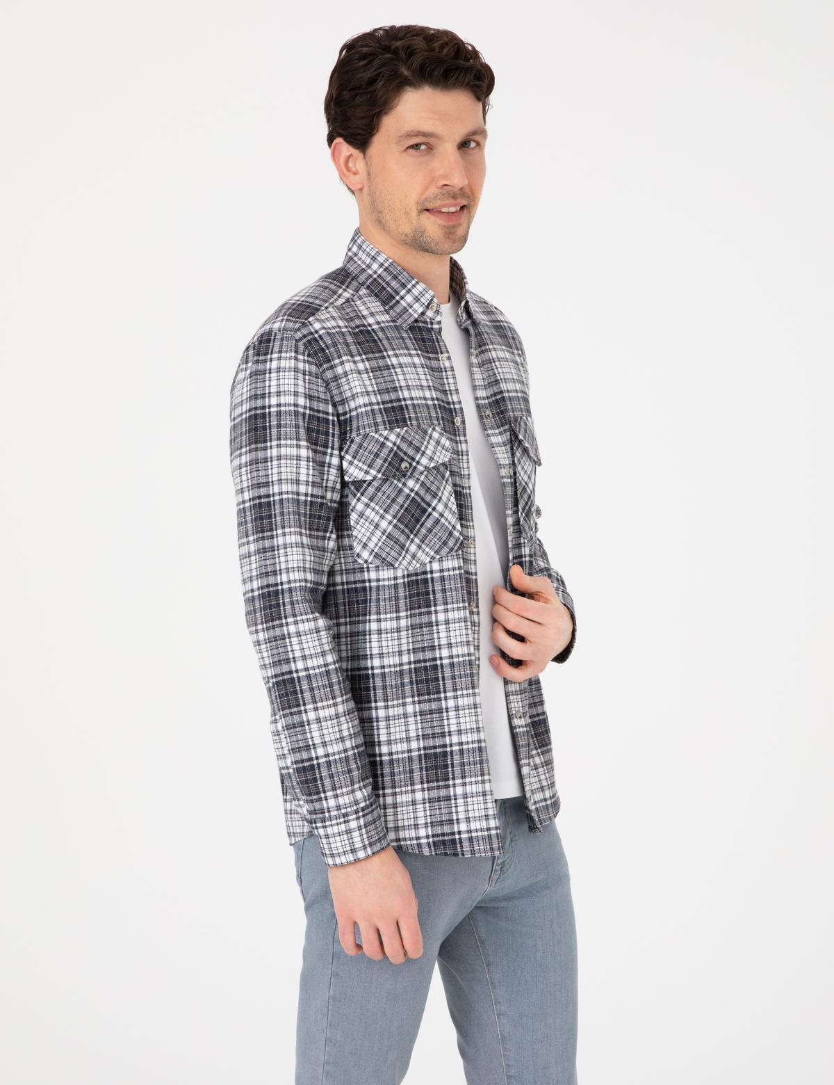 Lacivert Klasik Yaka Çift Cepli Regular Fit Gömlek Ceket - 50292345009