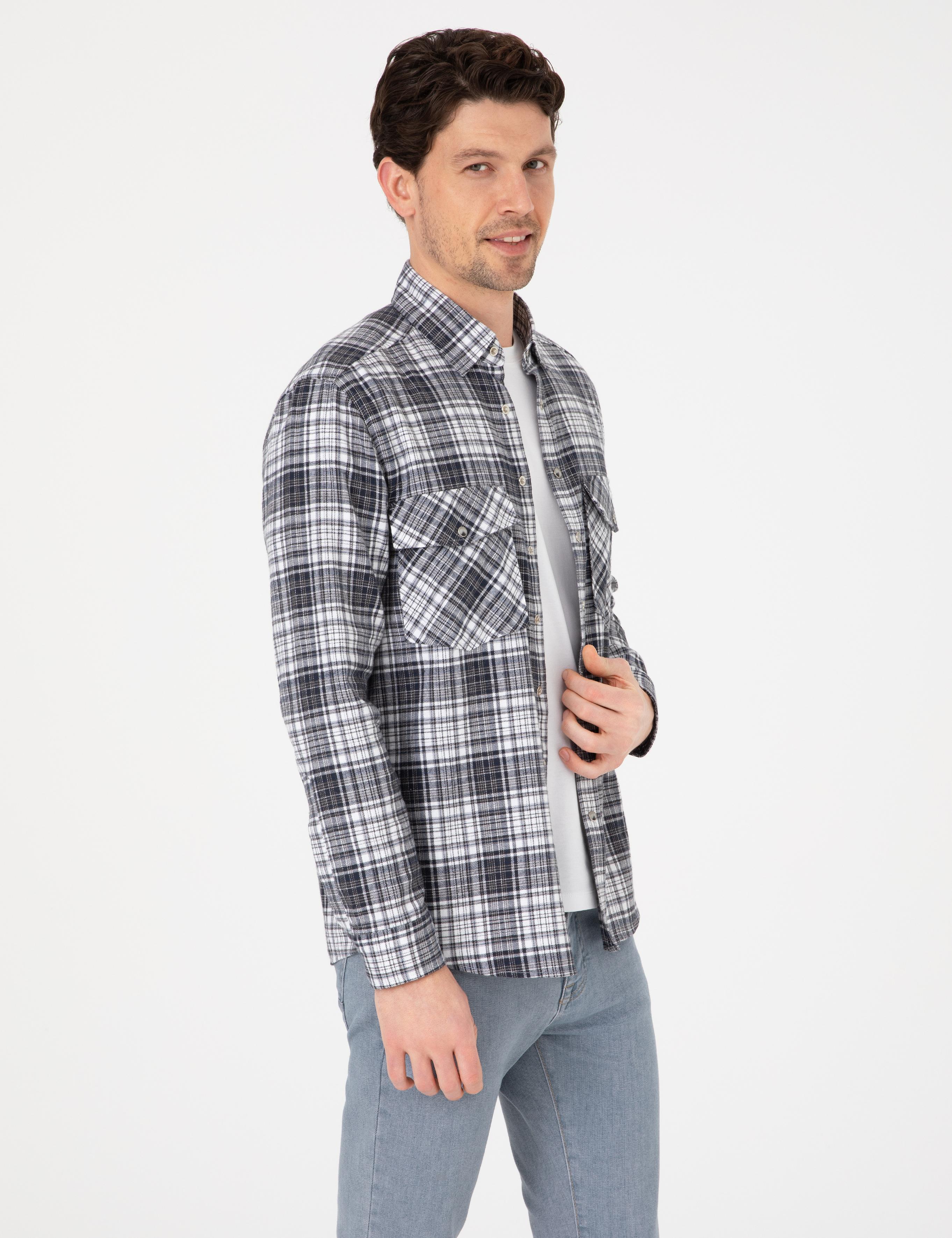 Lacivert Klasik Yaka Çift Cepli Regular Fit Gömlek Ceket