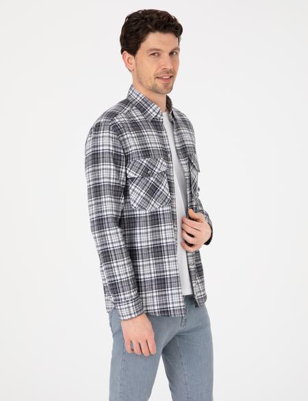 Lacivert Klasik Yaka Çift Cepli Regular Fit Gömlek Ceket - 50292345009