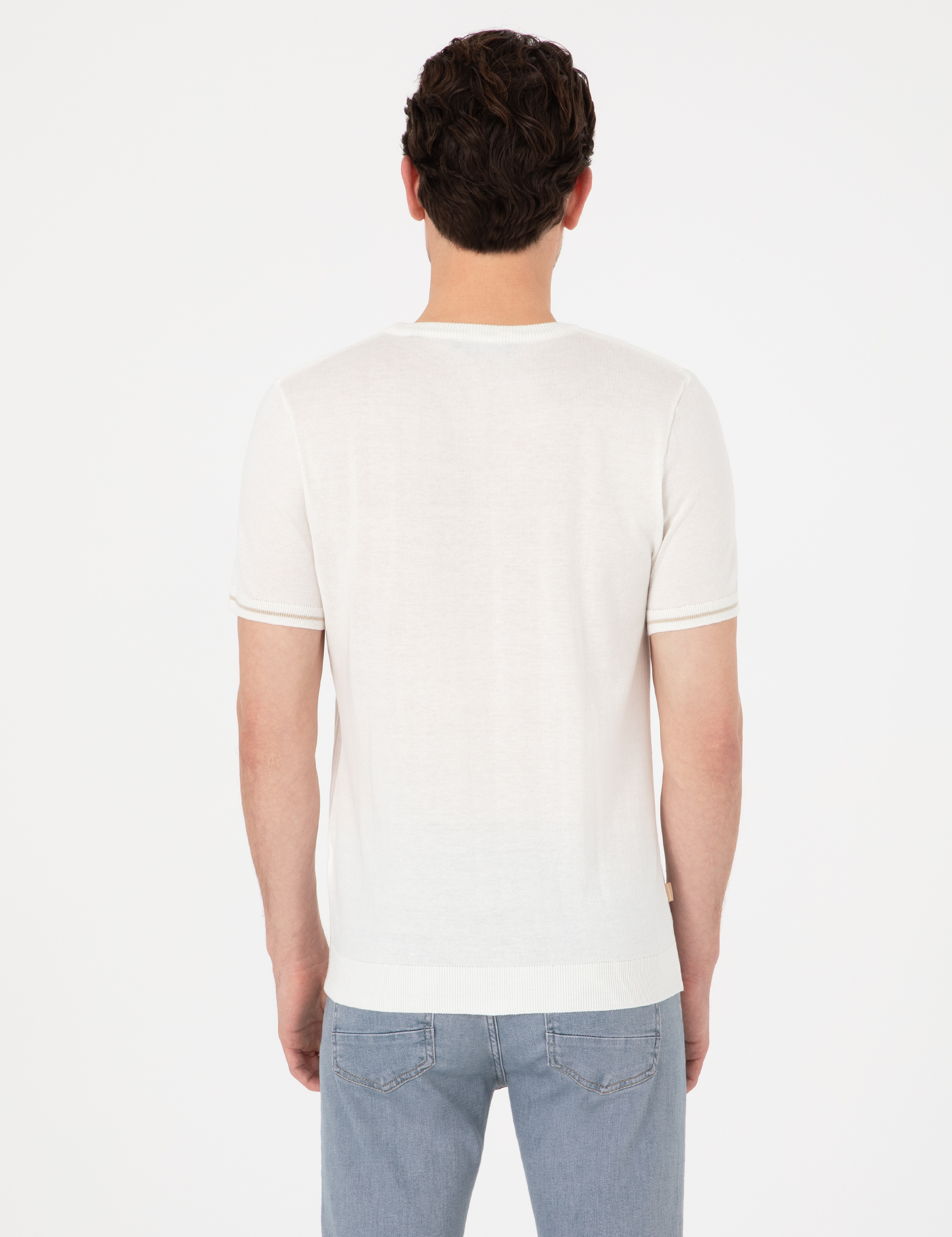 Ekru Slim Fit Bisiklet Yaka Triko Tişört - Image 5