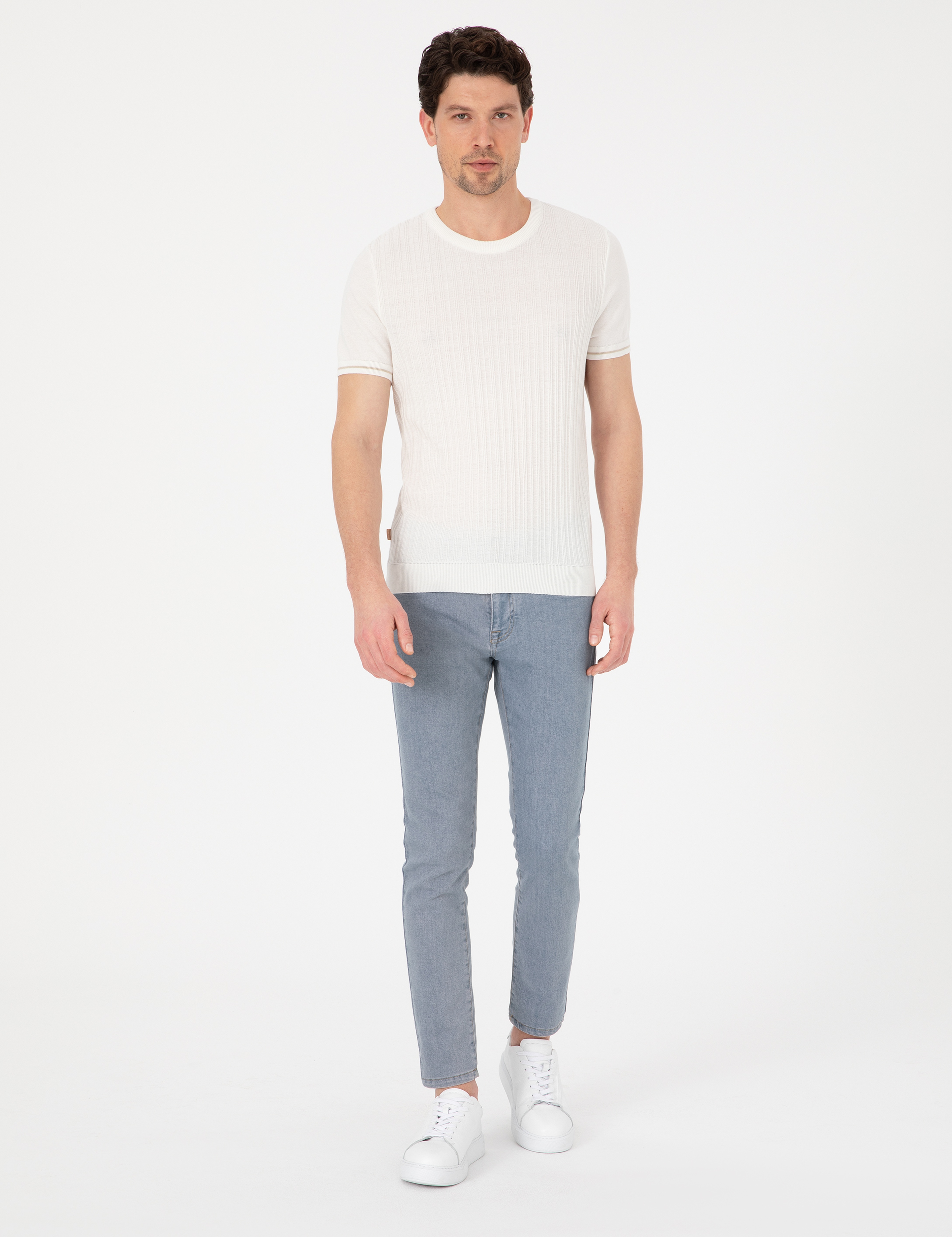 Ekru Slim Fit Bisiklet Yaka Triko Tişört - Image 4
