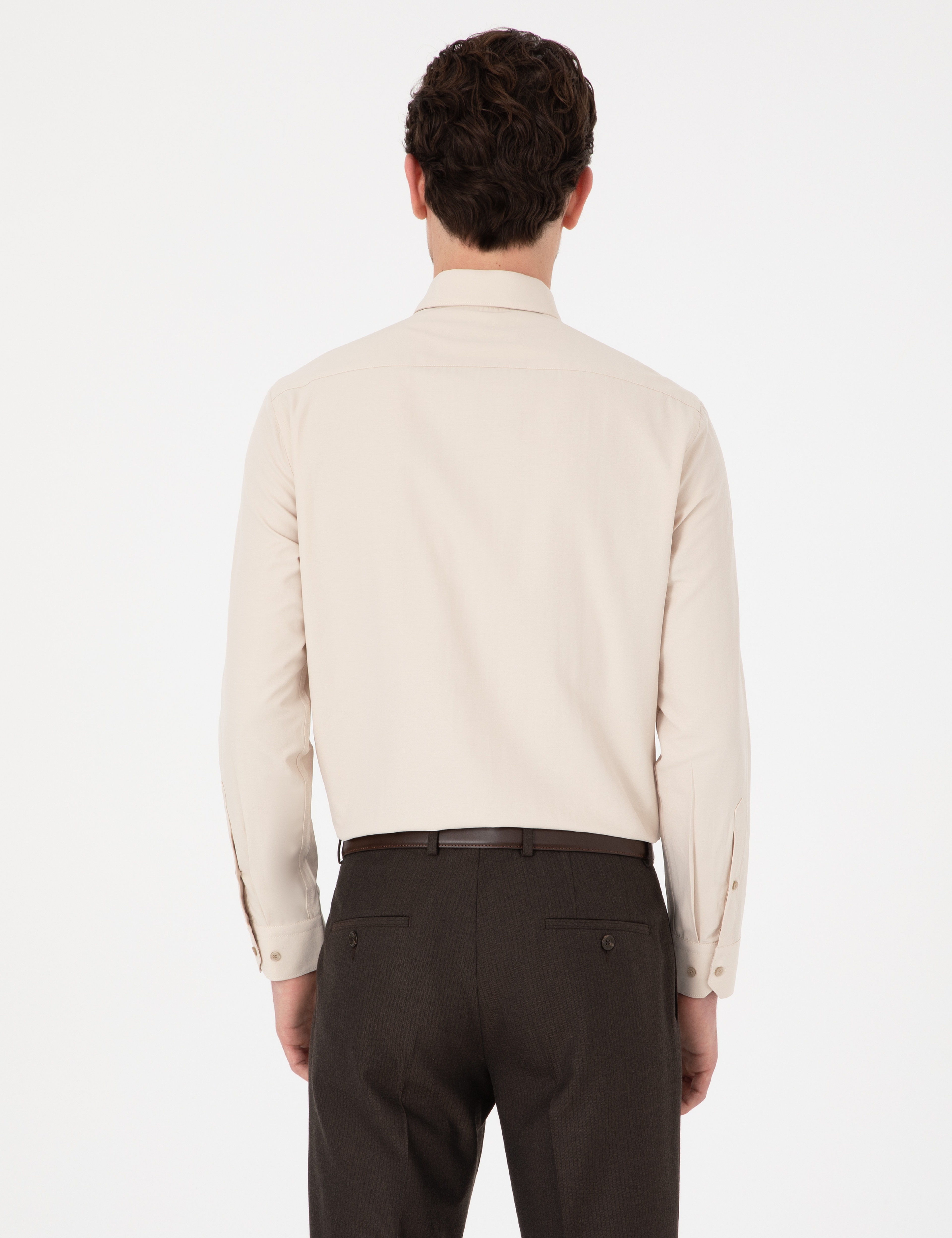 Bej Slim Fit Uzun Kollu Basic Gömlek - Image 6