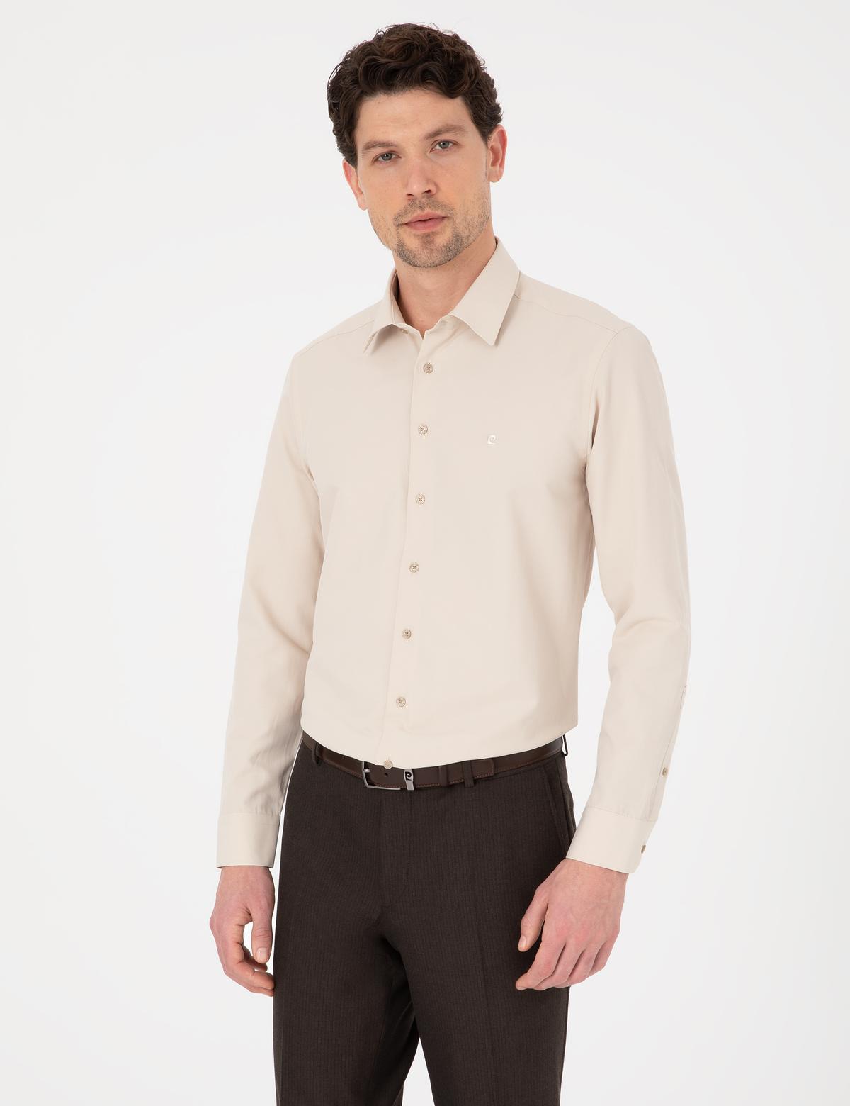 Bej Slim Fit Uzun Kollu Basic Gömlek - 50316734079