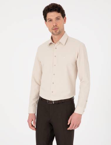 Bej Slim Fit Uzun Kollu Basic Gömlek