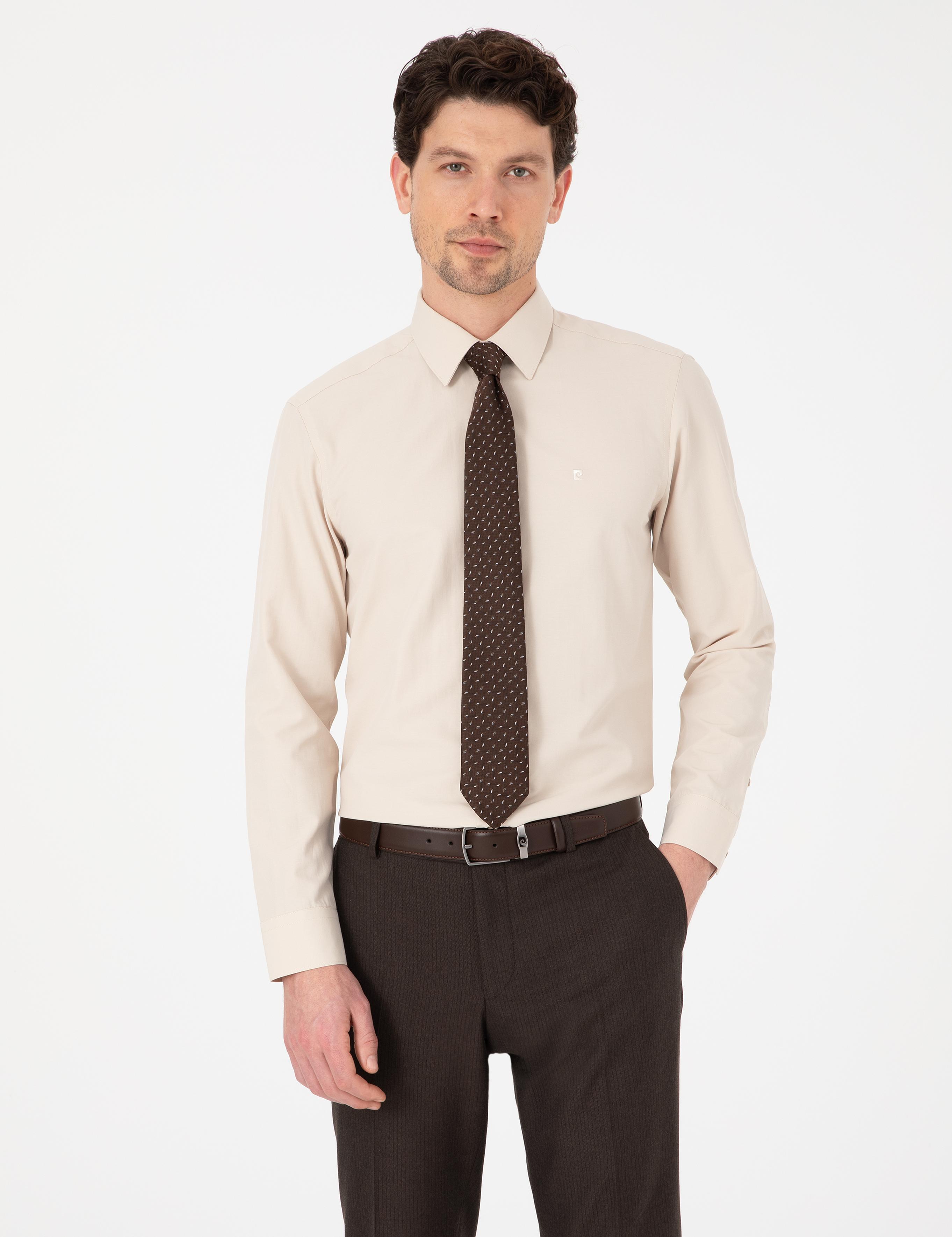 Bej Slim Fit Uzun Kollu Basic Gömlek