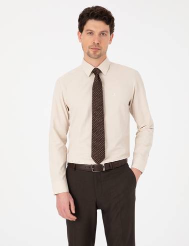 Bej Slim Fit Uzun Kollu Basic Gömlek