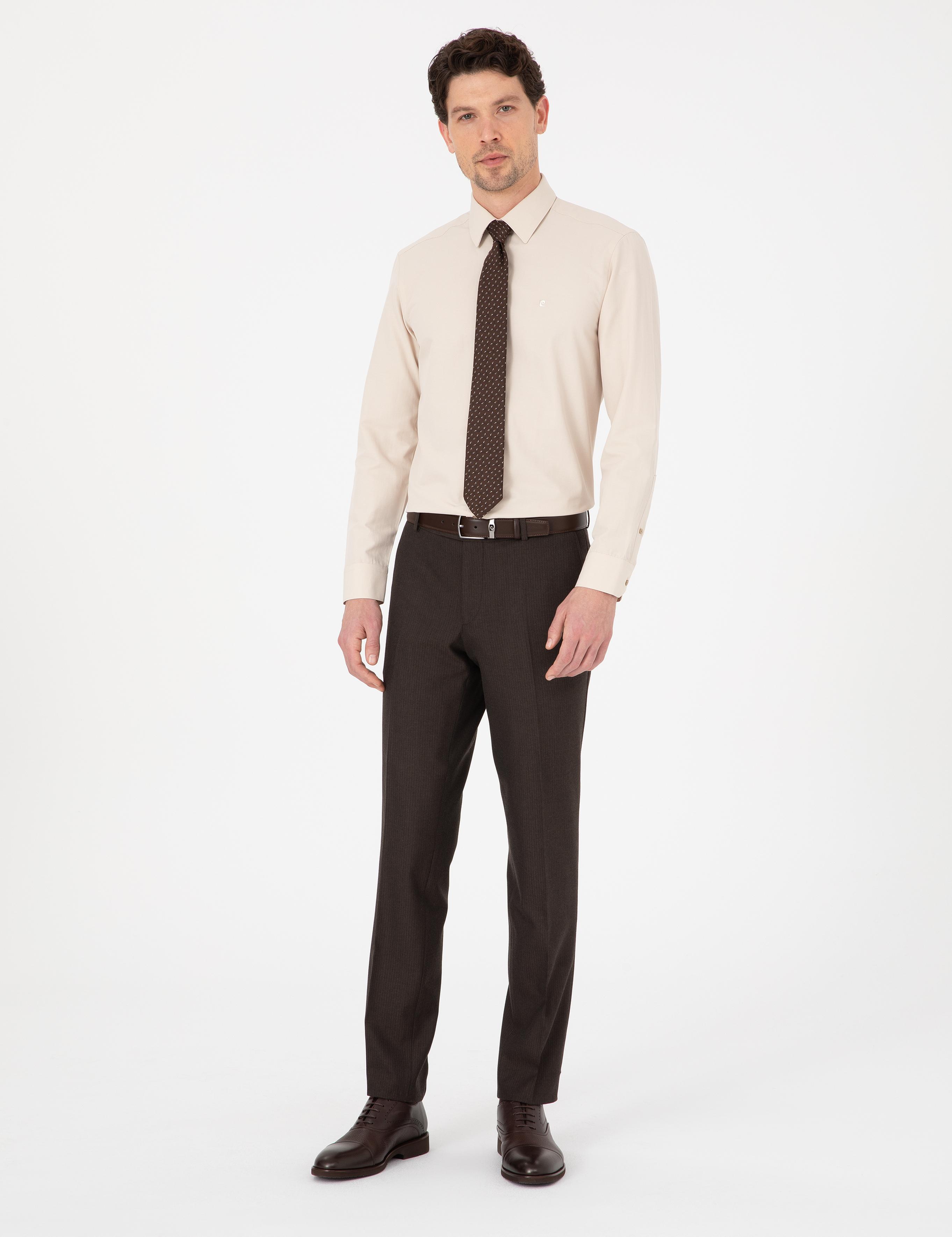 Bej Slim Fit Uzun Kollu Basic Gömlek