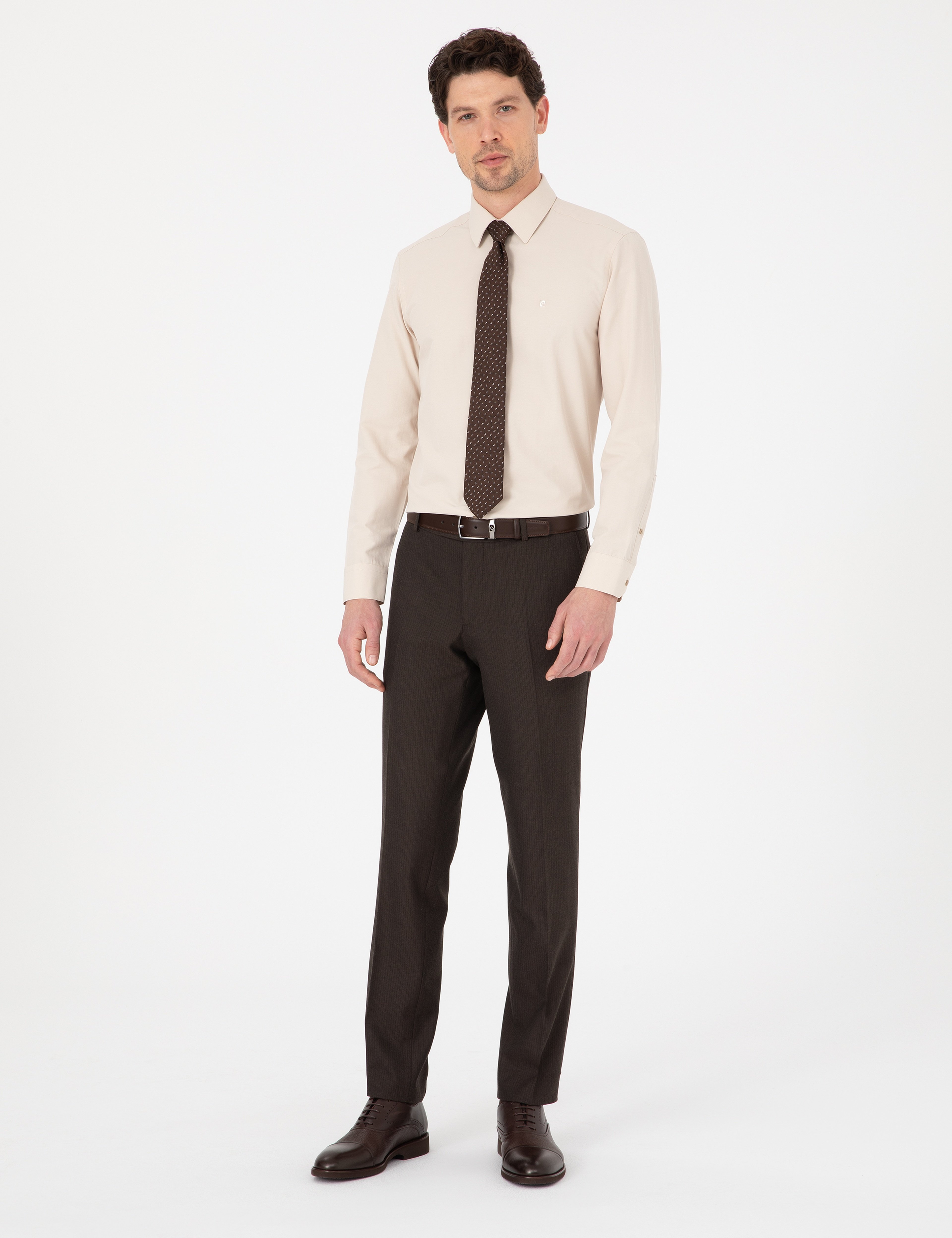 Bej Slim Fit Uzun Kollu Basic Gömlek