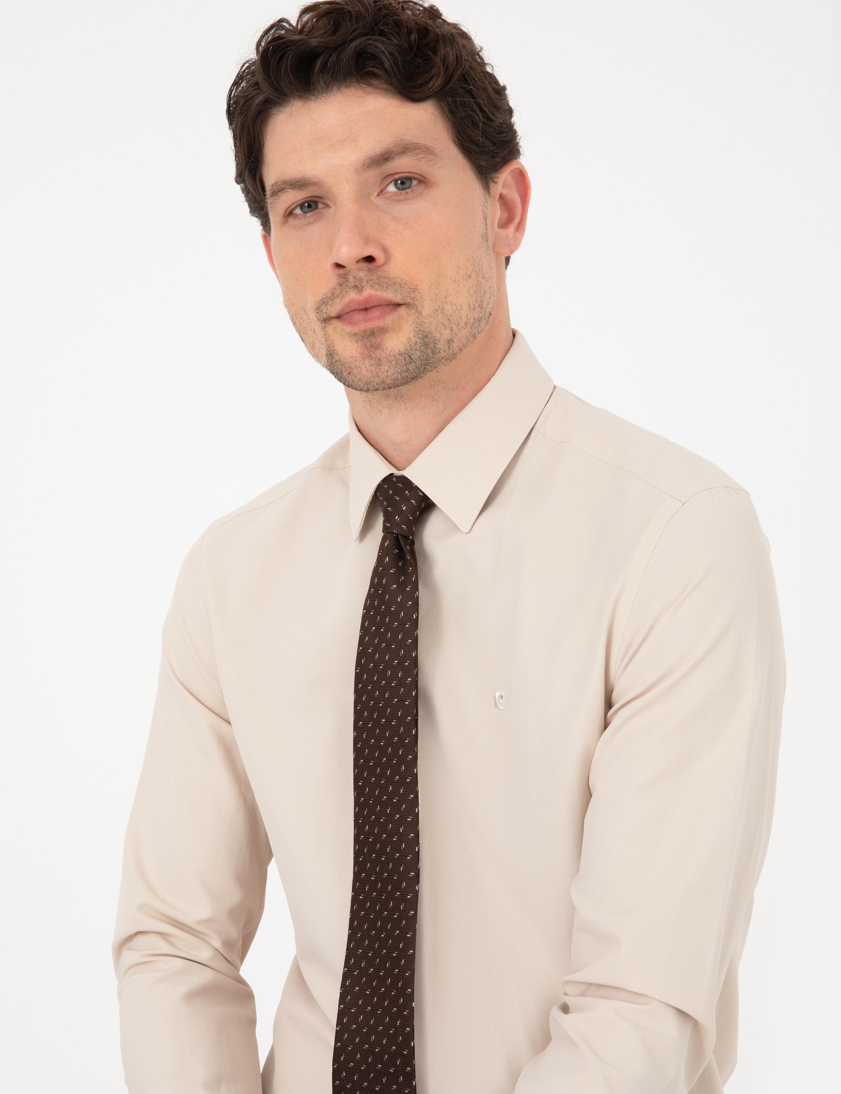 Bej Slim Fit Uzun Kollu Basic Gömlek