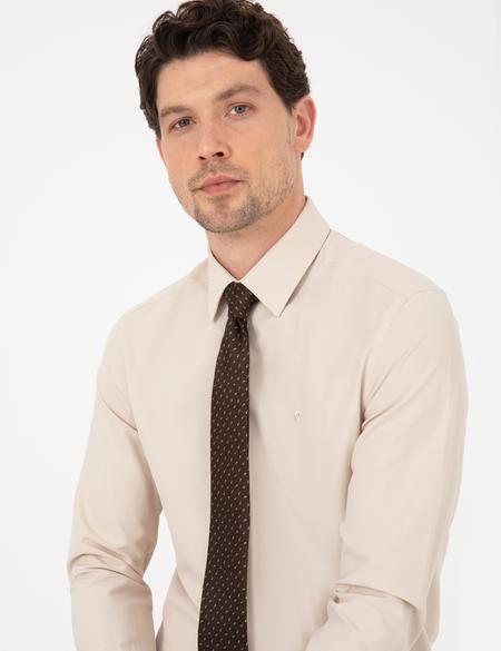 Bej Slim Fit Uzun Kollu Basic Gömlek - 50316734079