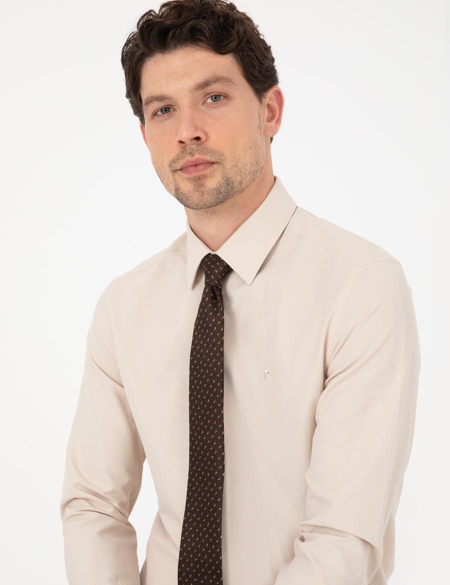 Bej Slim Fit Uzun Kollu Basic Gömlek