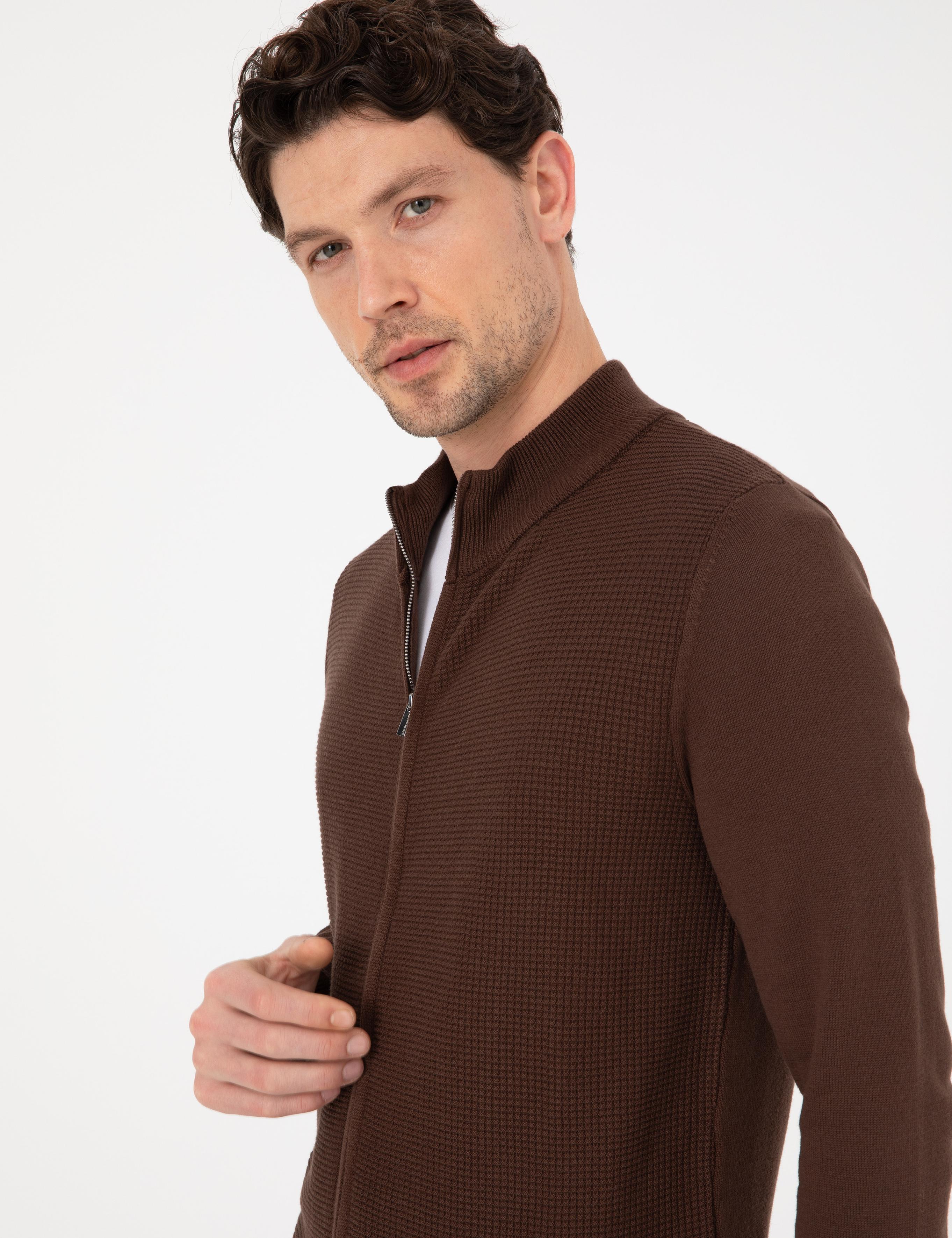 Kahverengi Slim Fit Fermuarlı Triko Hırka