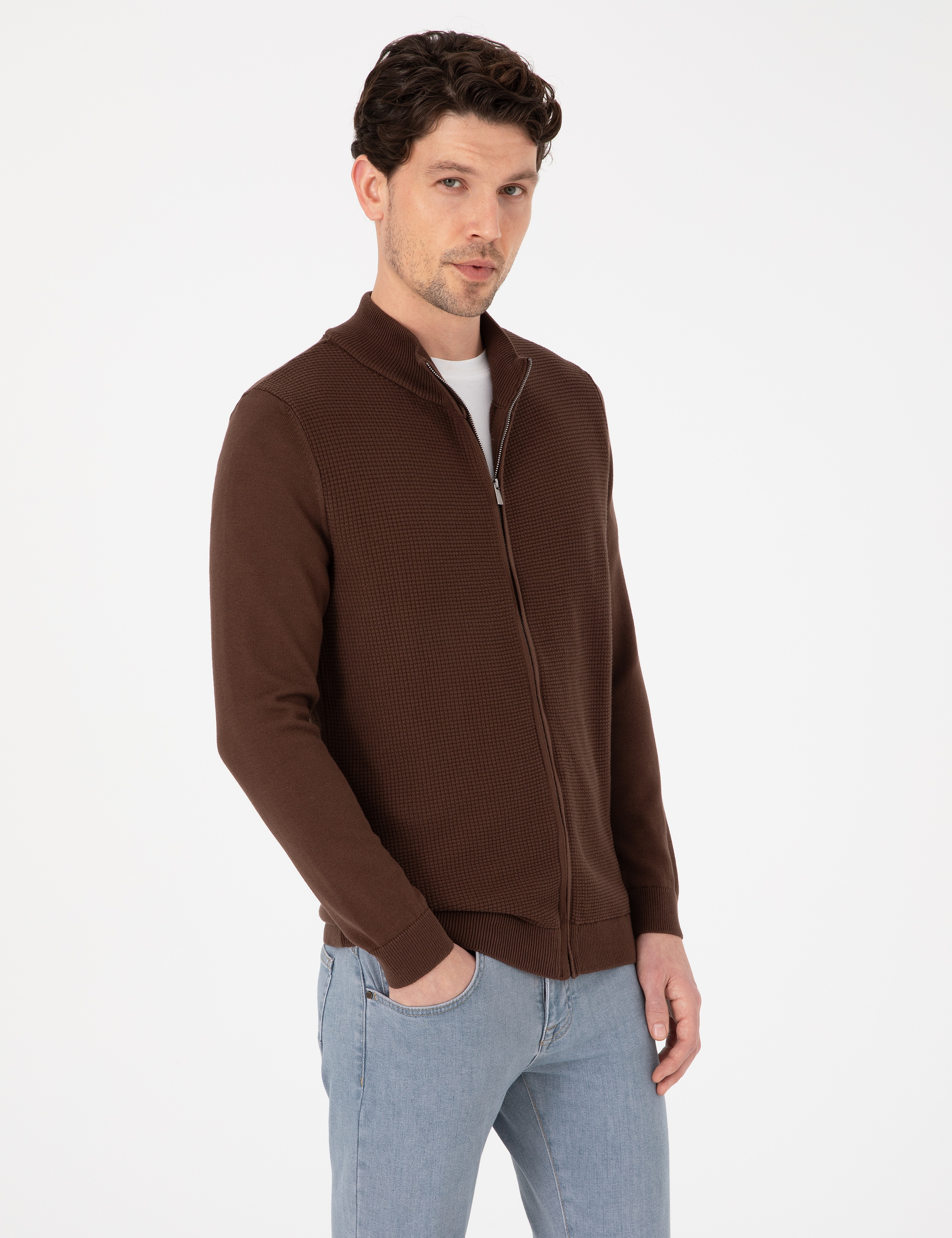 Kahverengi Slim Fit Fermuarlı Triko Hırka