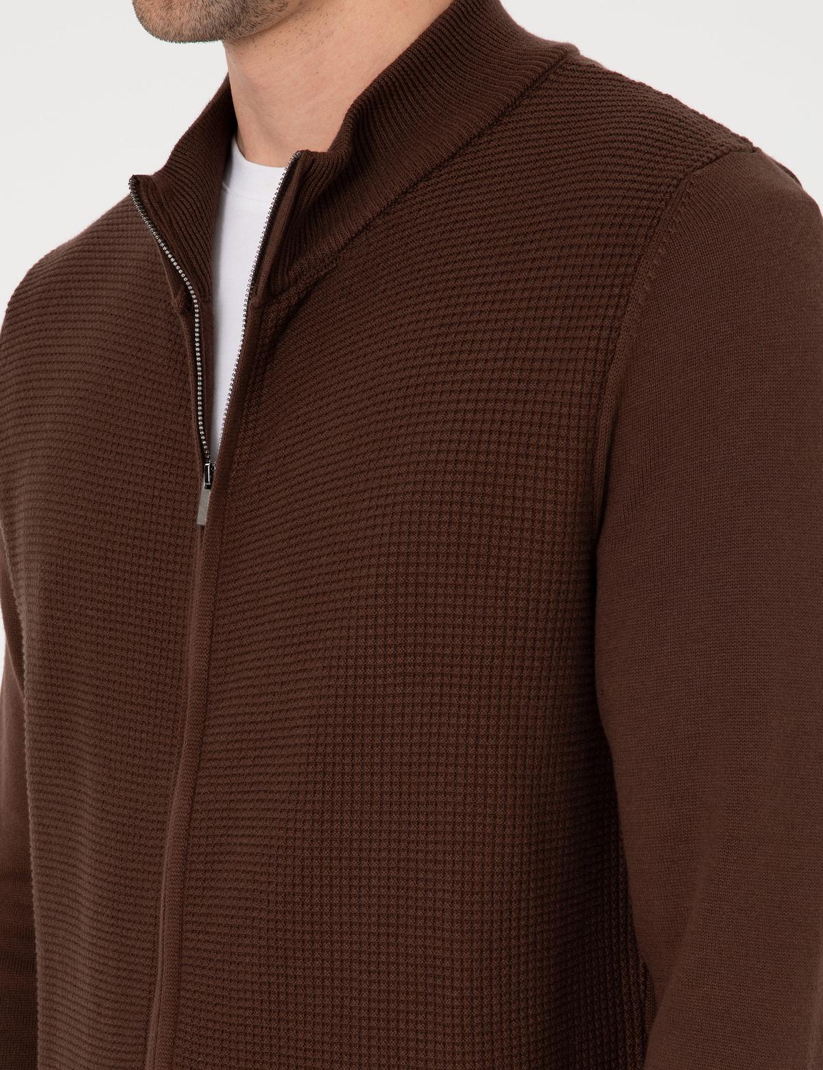 Kahverengi Slim Fit Fermuarlı Triko Hırka - 50317341029