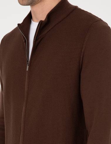 Kahverengi Slim Fit Fermuarlı Triko Hırka