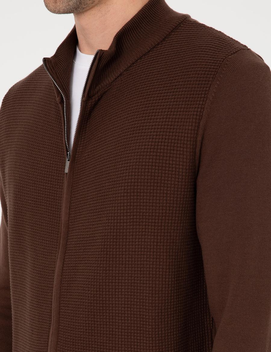 Kahverengi Slim Fit Fermuarlı Triko Hırka