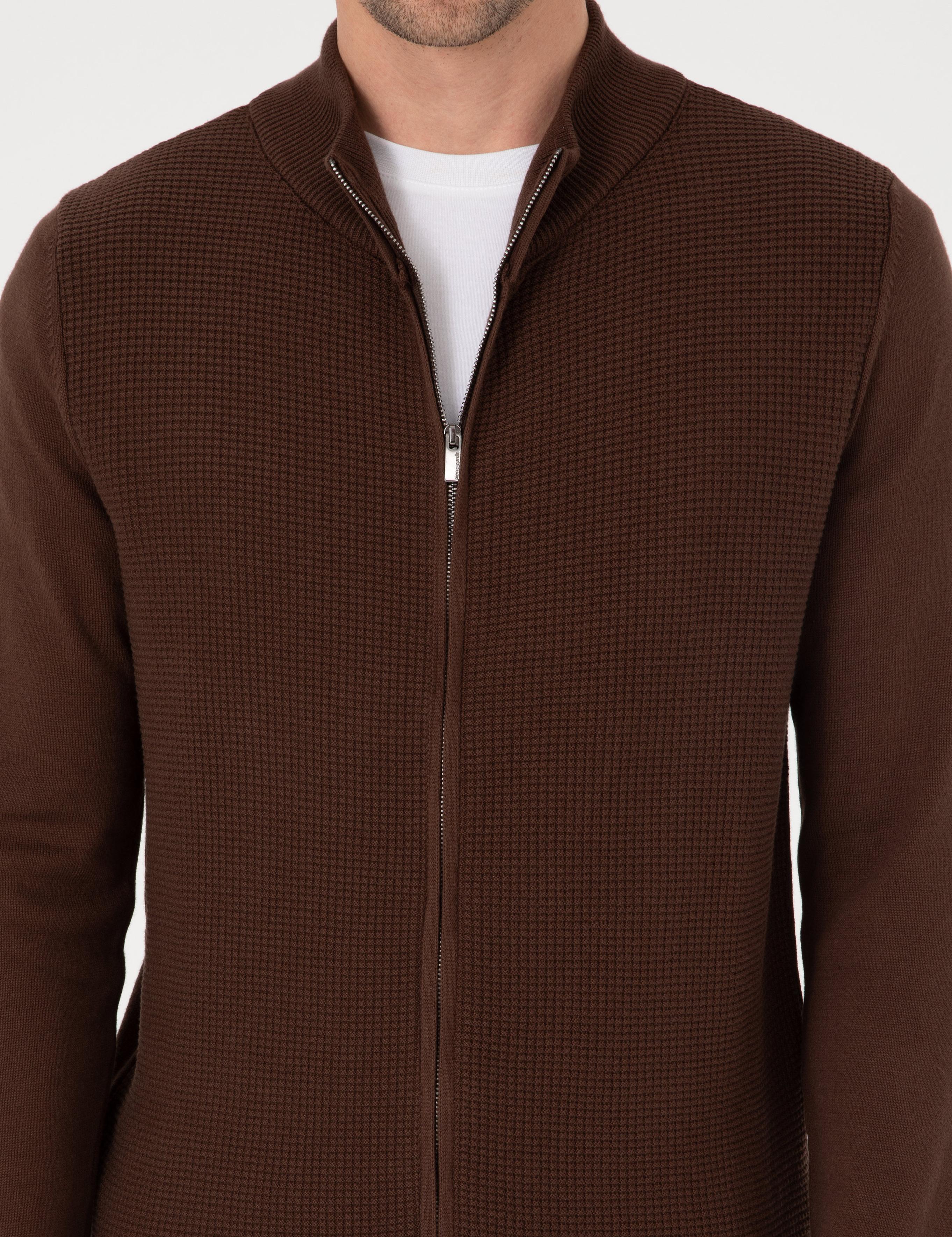 Kahverengi Slim Fit Fermuarlı Triko Hırka