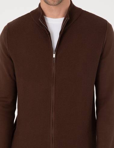 Kahverengi Slim Fit Fermuarlı Triko Hırka