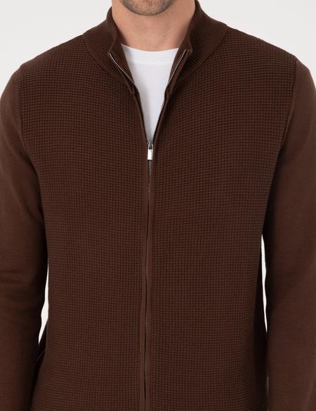 Kahverengi Slim Fit Fermuarlı Triko Hırka - 50317341029
