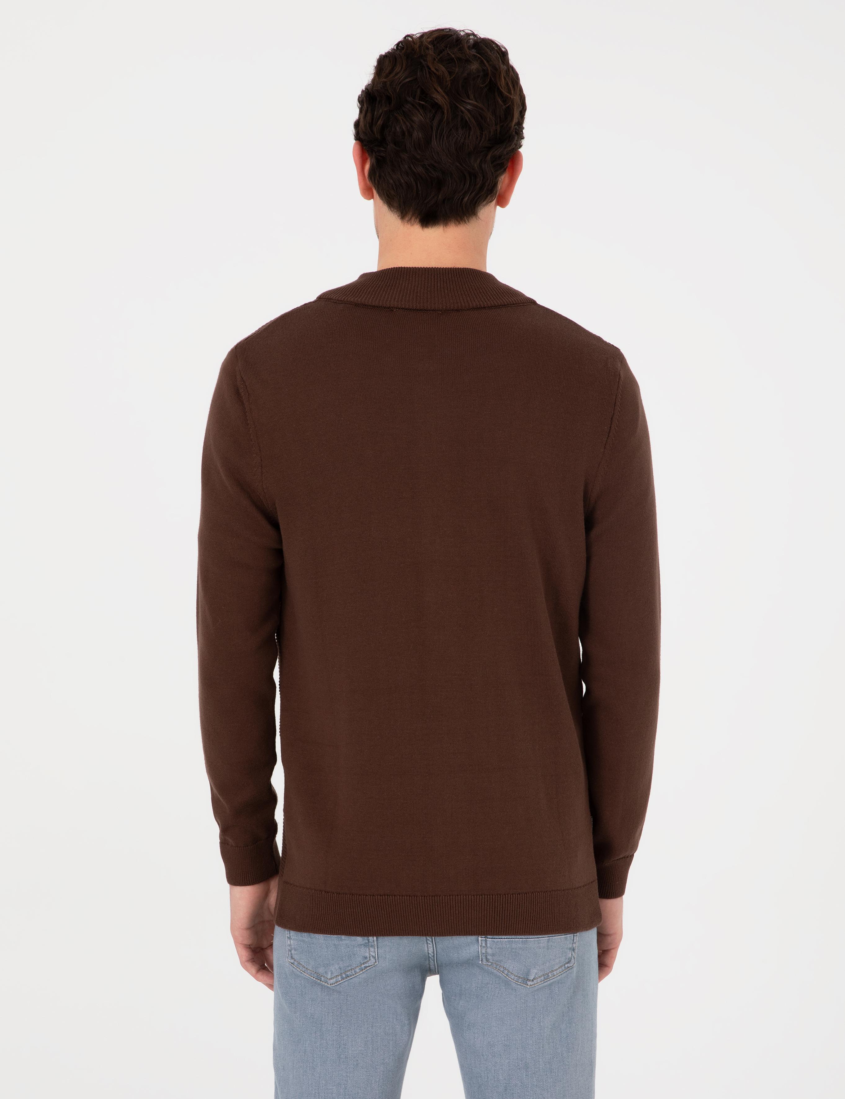 Kahverengi Slim Fit Fermuarlı Triko Hırka