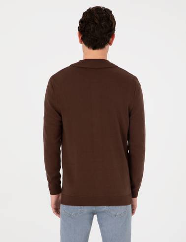 Kahverengi Slim Fit Fermuarlı Triko Hırka