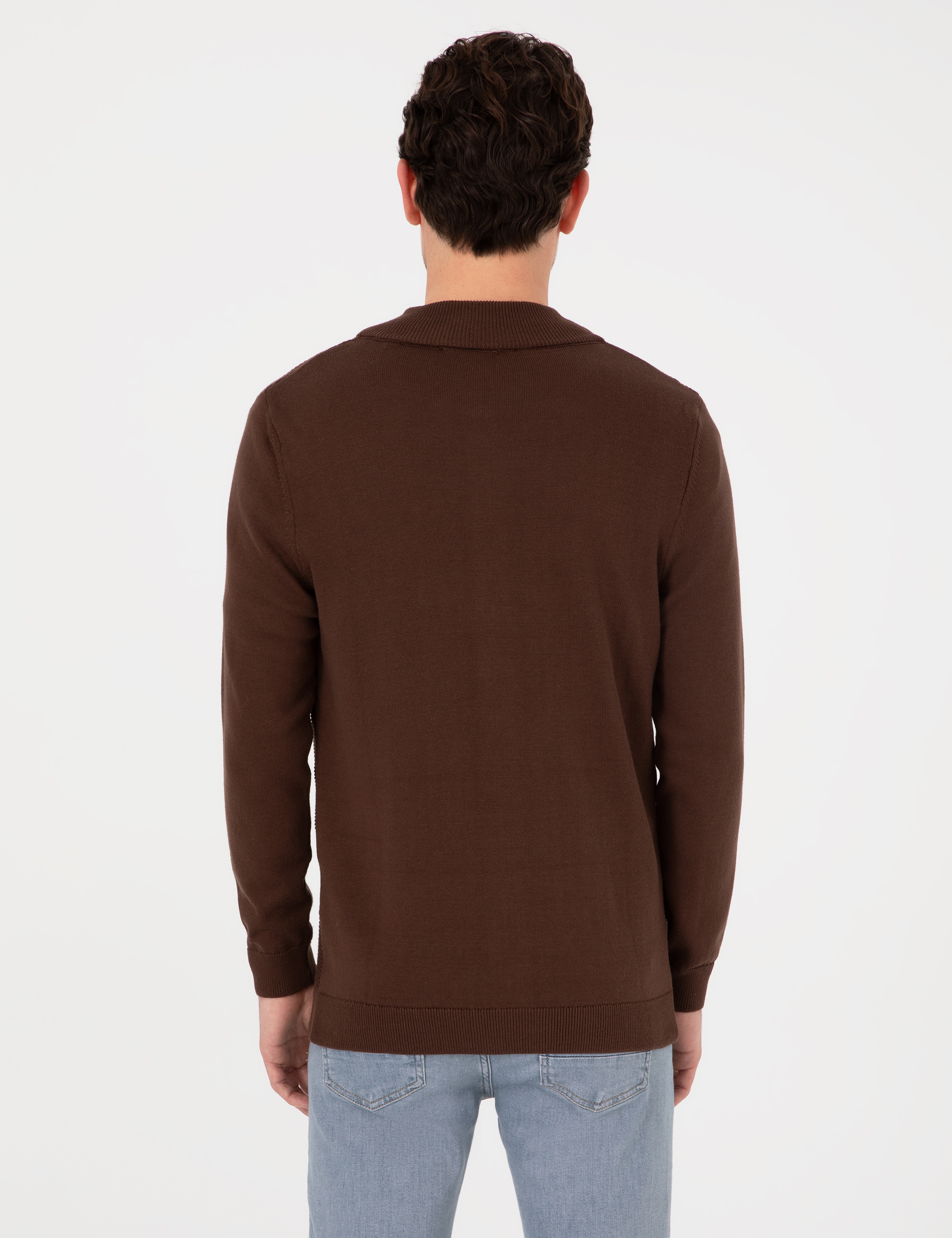 Kahverengi Slim Fit Fermuarlı Triko Hırka - Image 5
