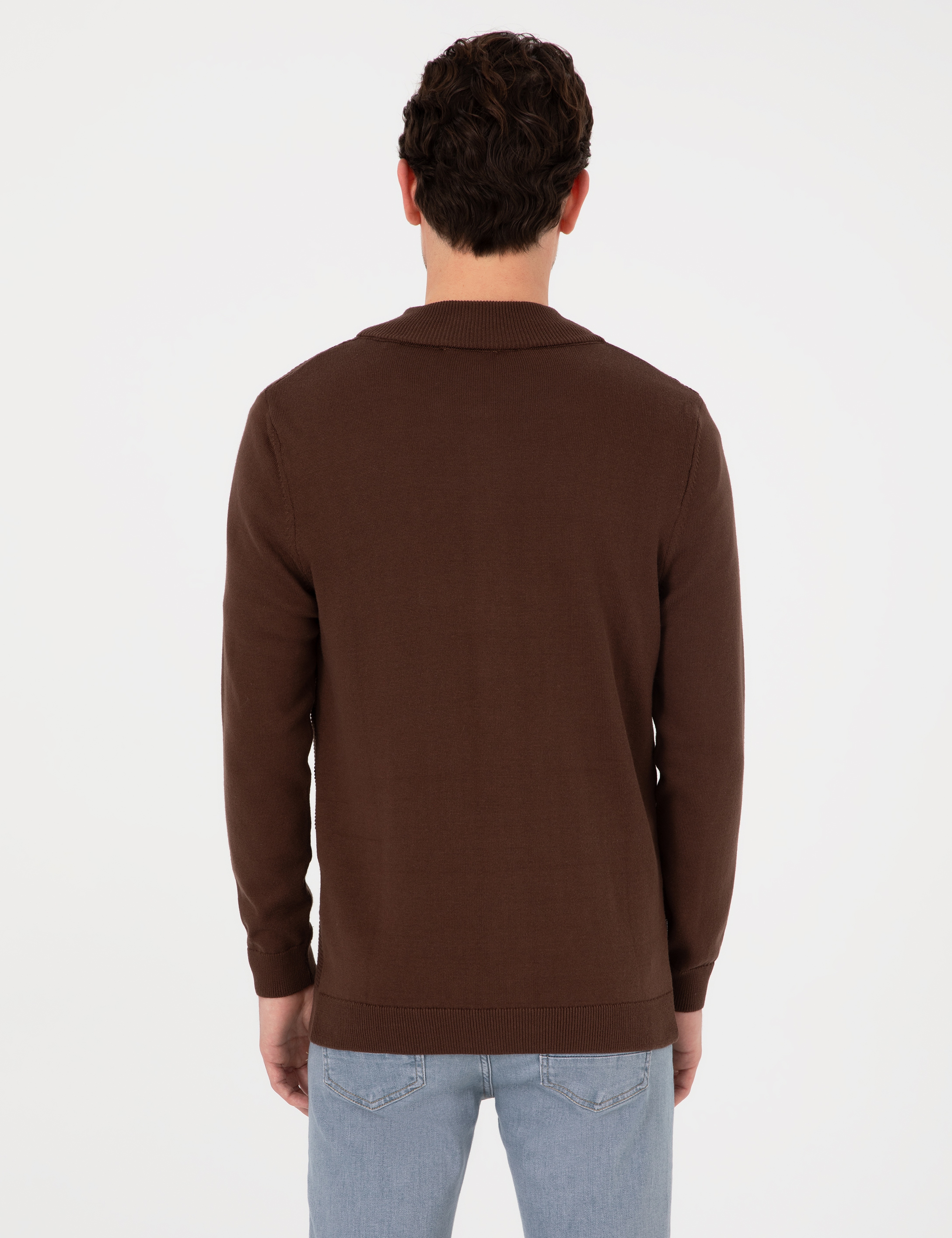 Kahverengi Slim Fit Fermuarlı Triko Hırka