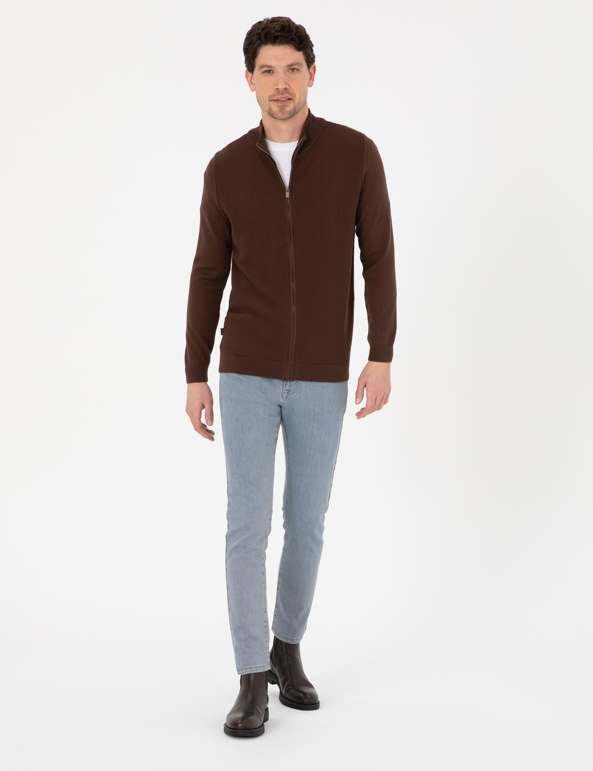 Kahverengi Slim Fit Fermuarlı Triko Hırka - 50317341029