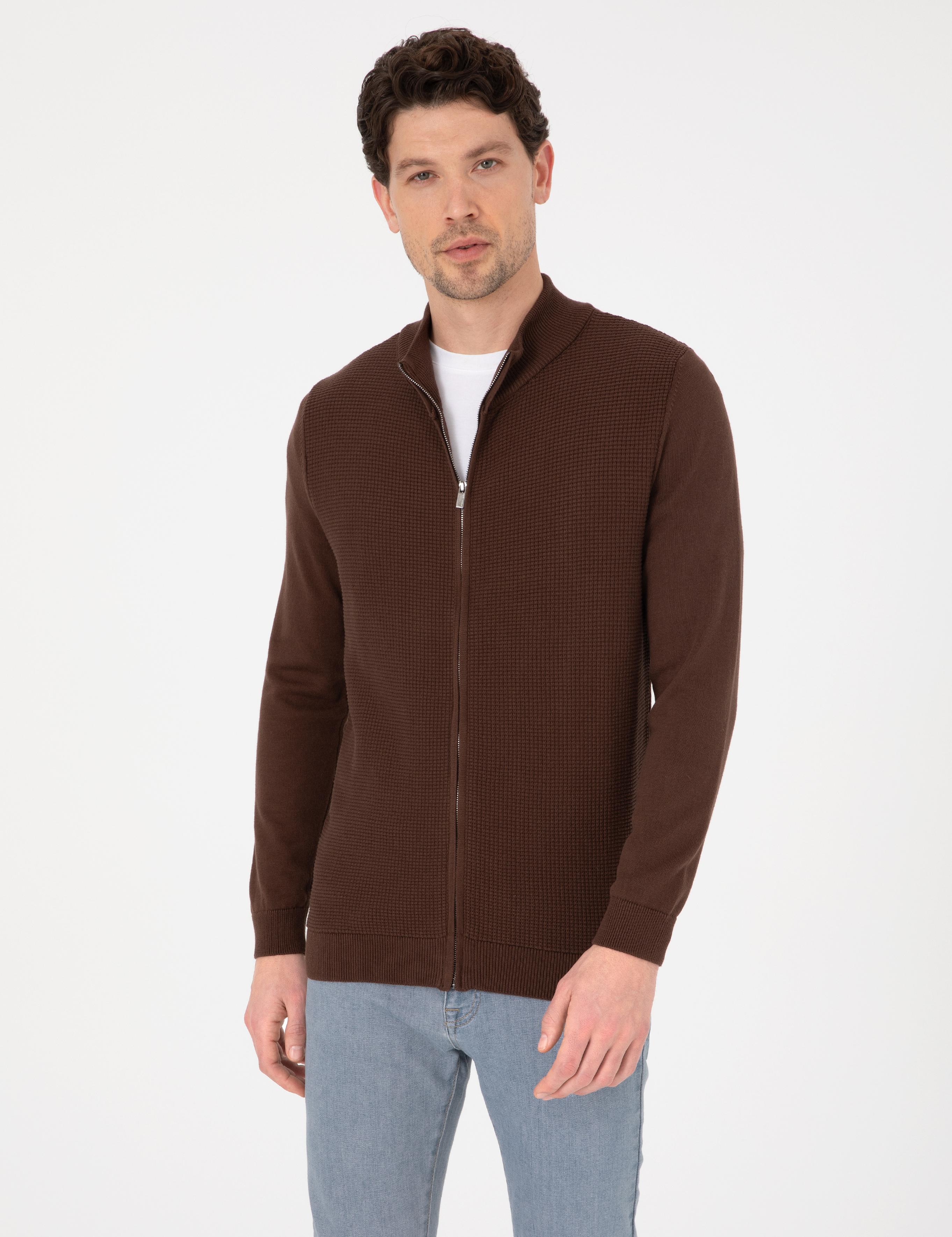 Kahverengi Slim Fit Fermuarlı Triko Hırka
