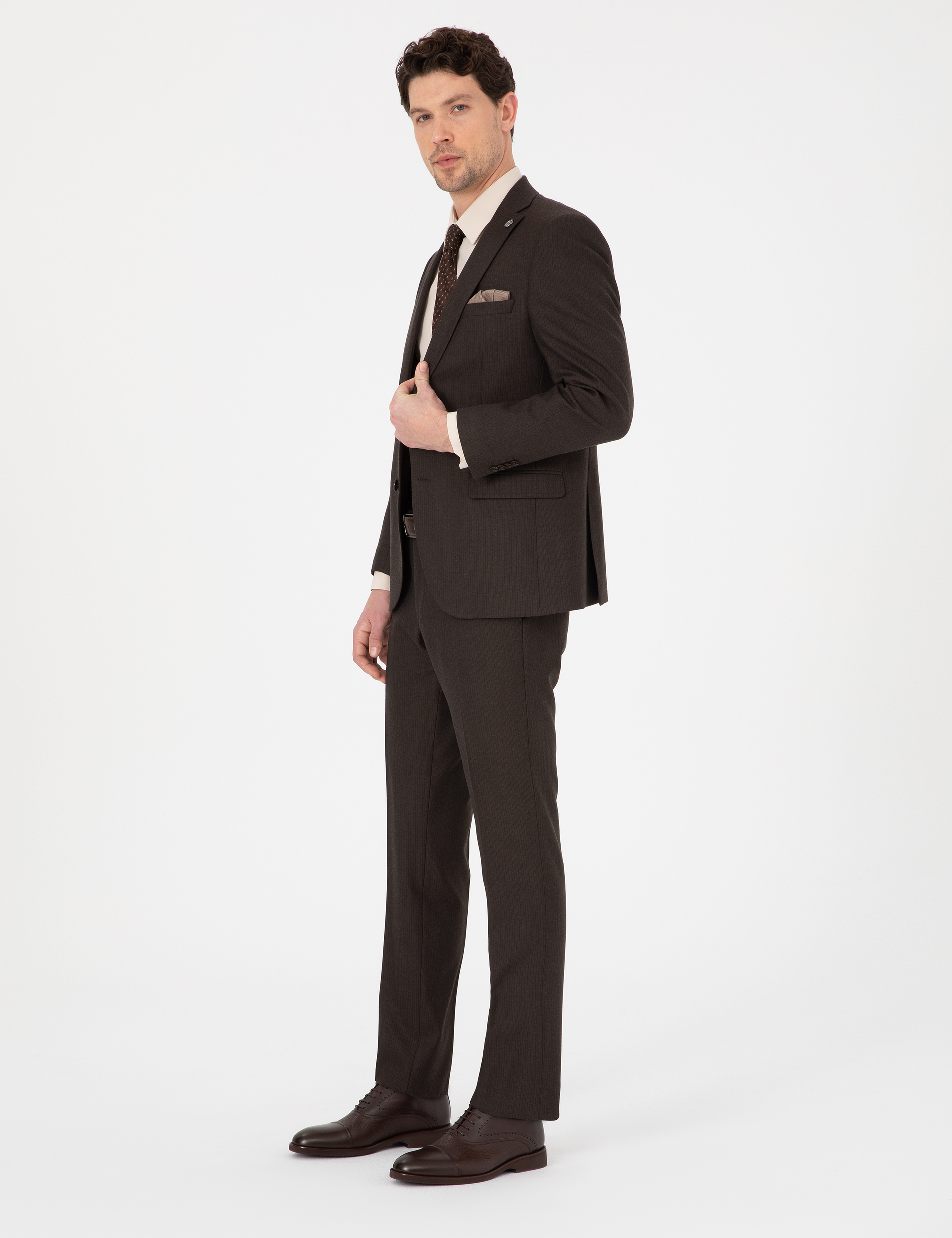 Kahverengi Slim Fit Çizgili Takım Elbise - Image 3