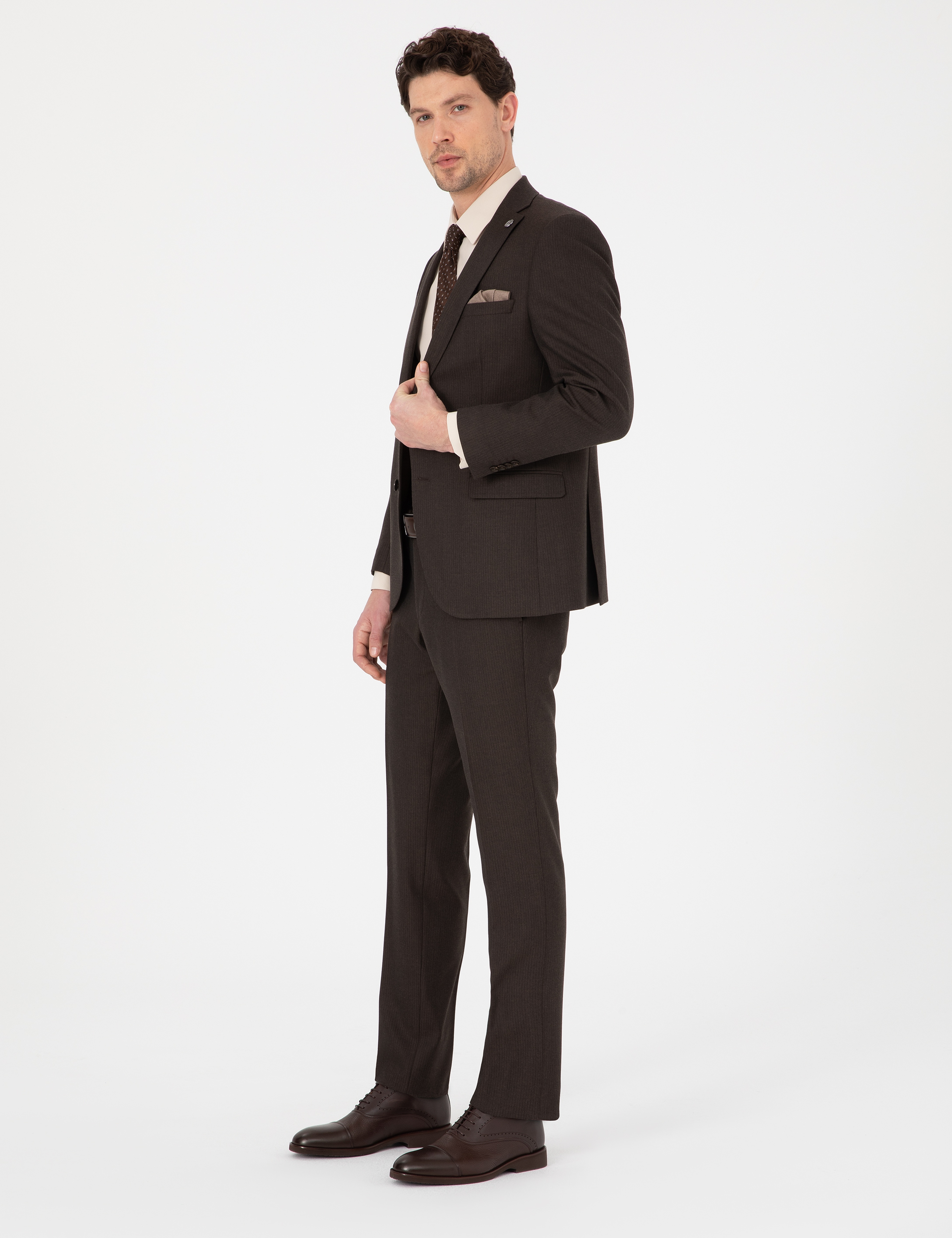 Kahverengi Slim Fit Çizgili Takım Elbise