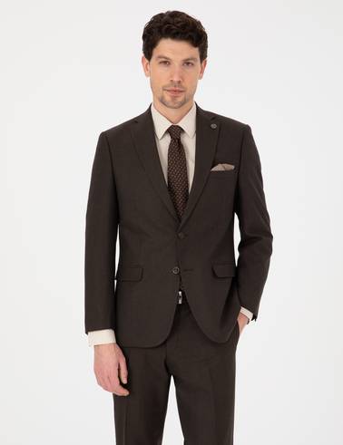 Kahverengi Slim Fit Çizgili Takım Elbise