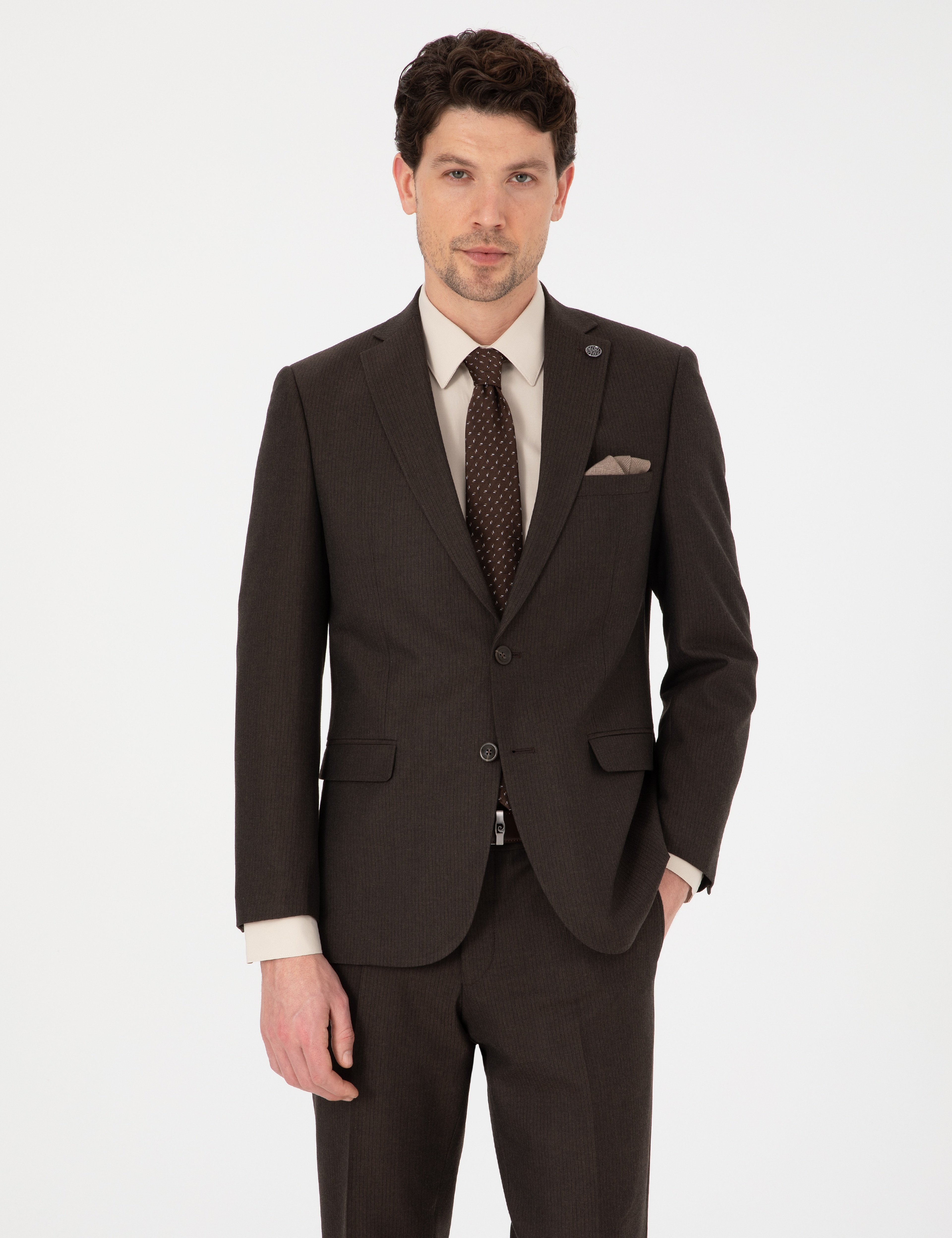 Kahverengi Slim Fit Çizgili Takım Elbise - Image 4