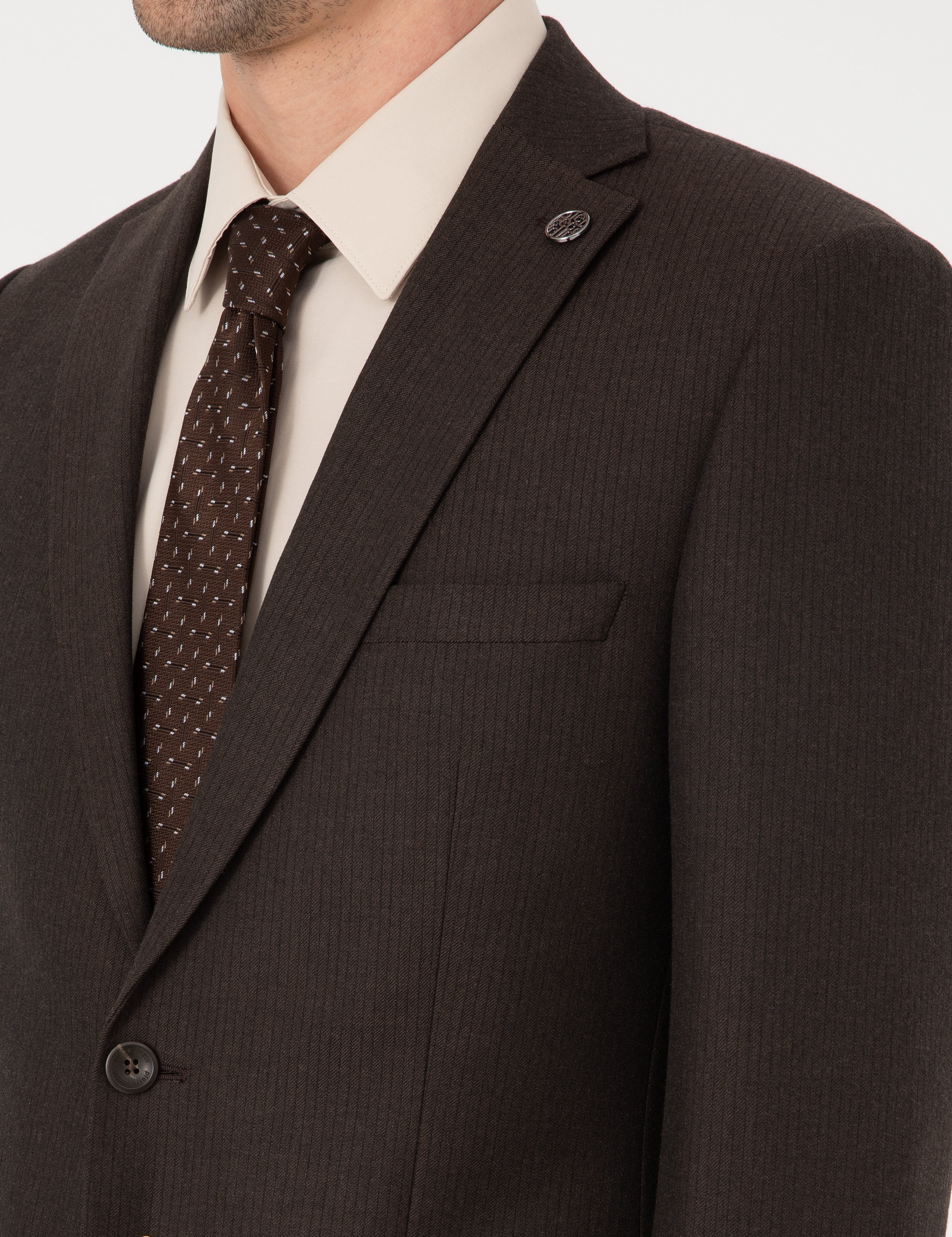 Kahverengi Slim Fit Çizgili Takım Elbise - Image 7
