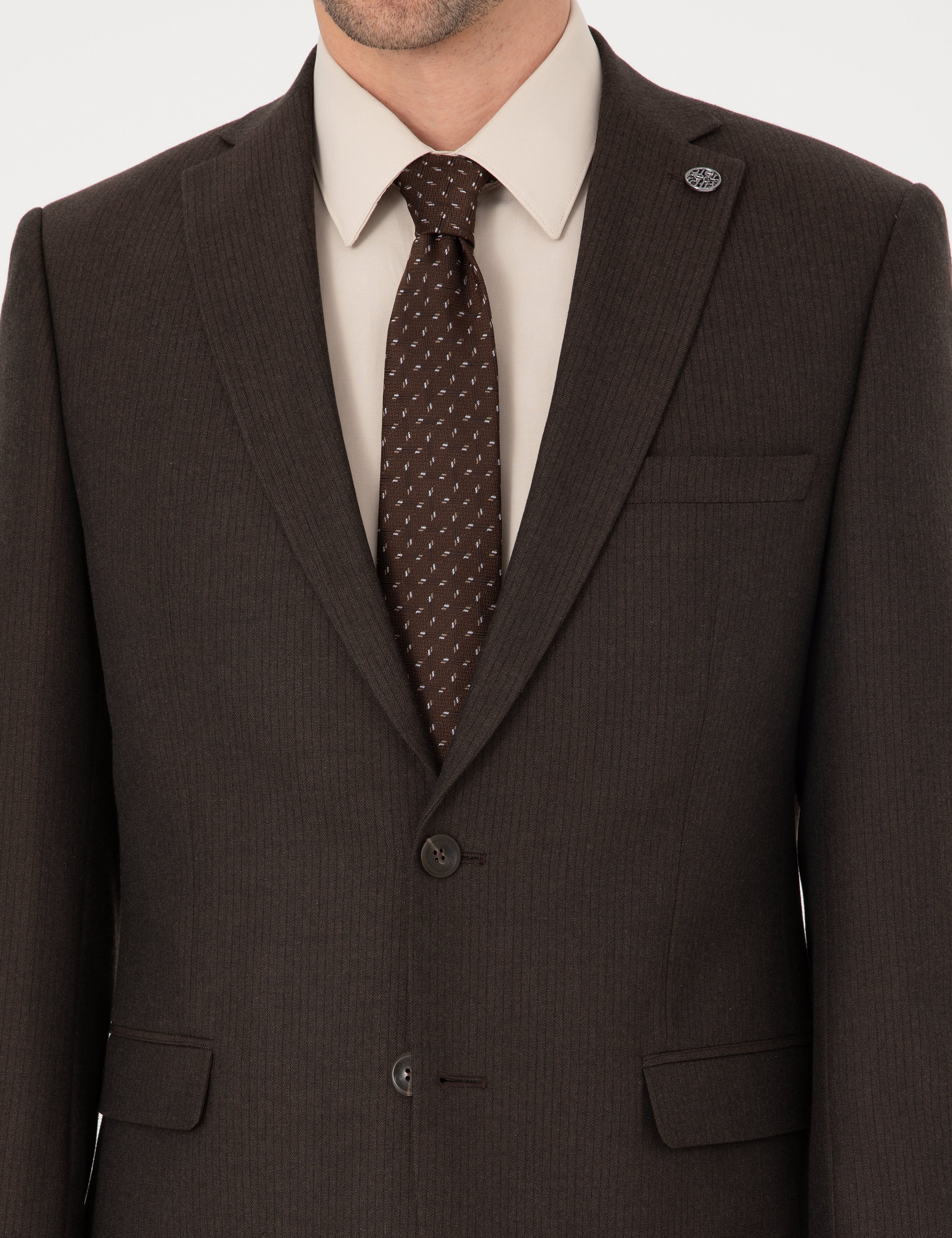 Kahverengi Slim Fit Çizgili Takım Elbise - Image 6