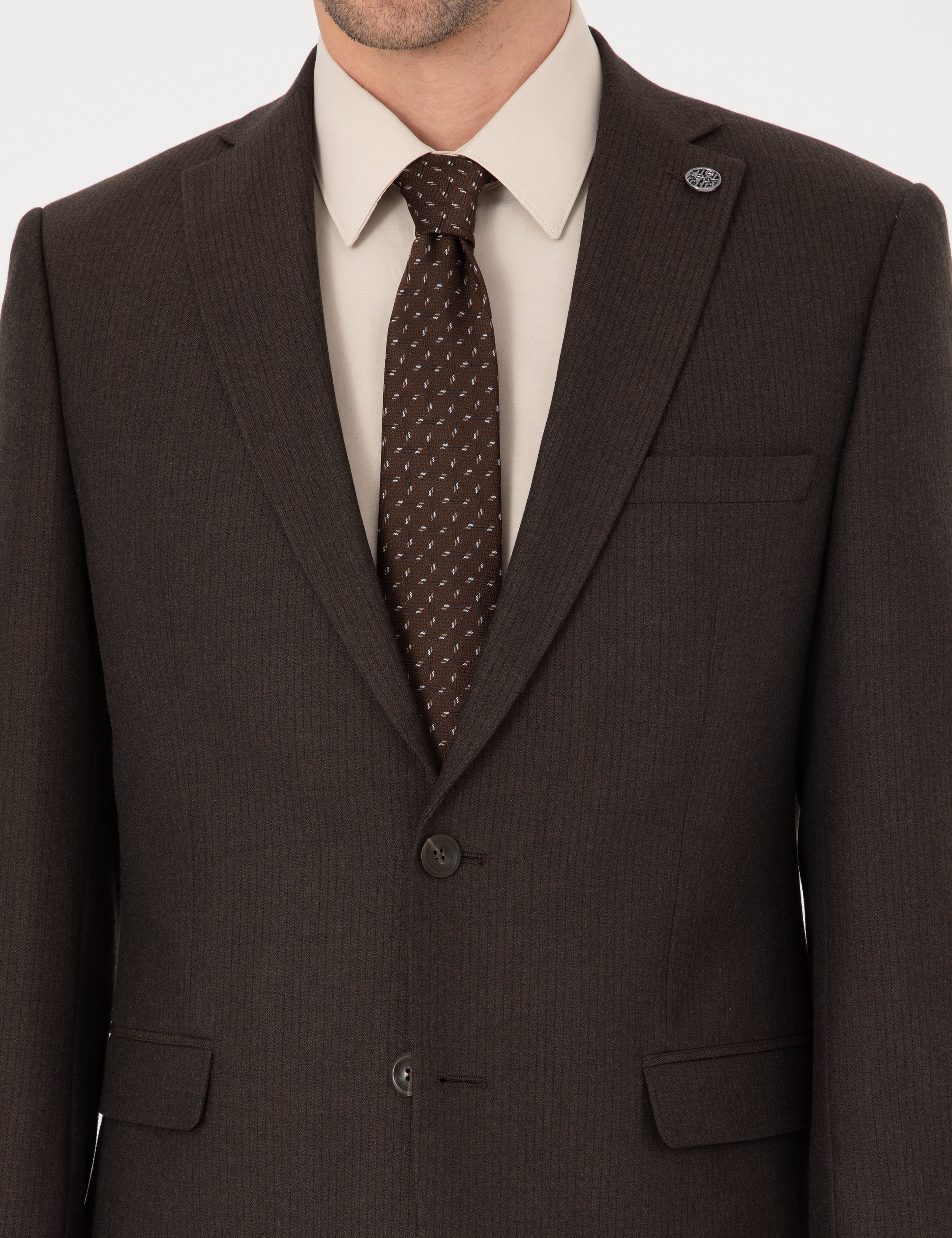 Kahverengi Slim Fit Çizgili Takım Elbise