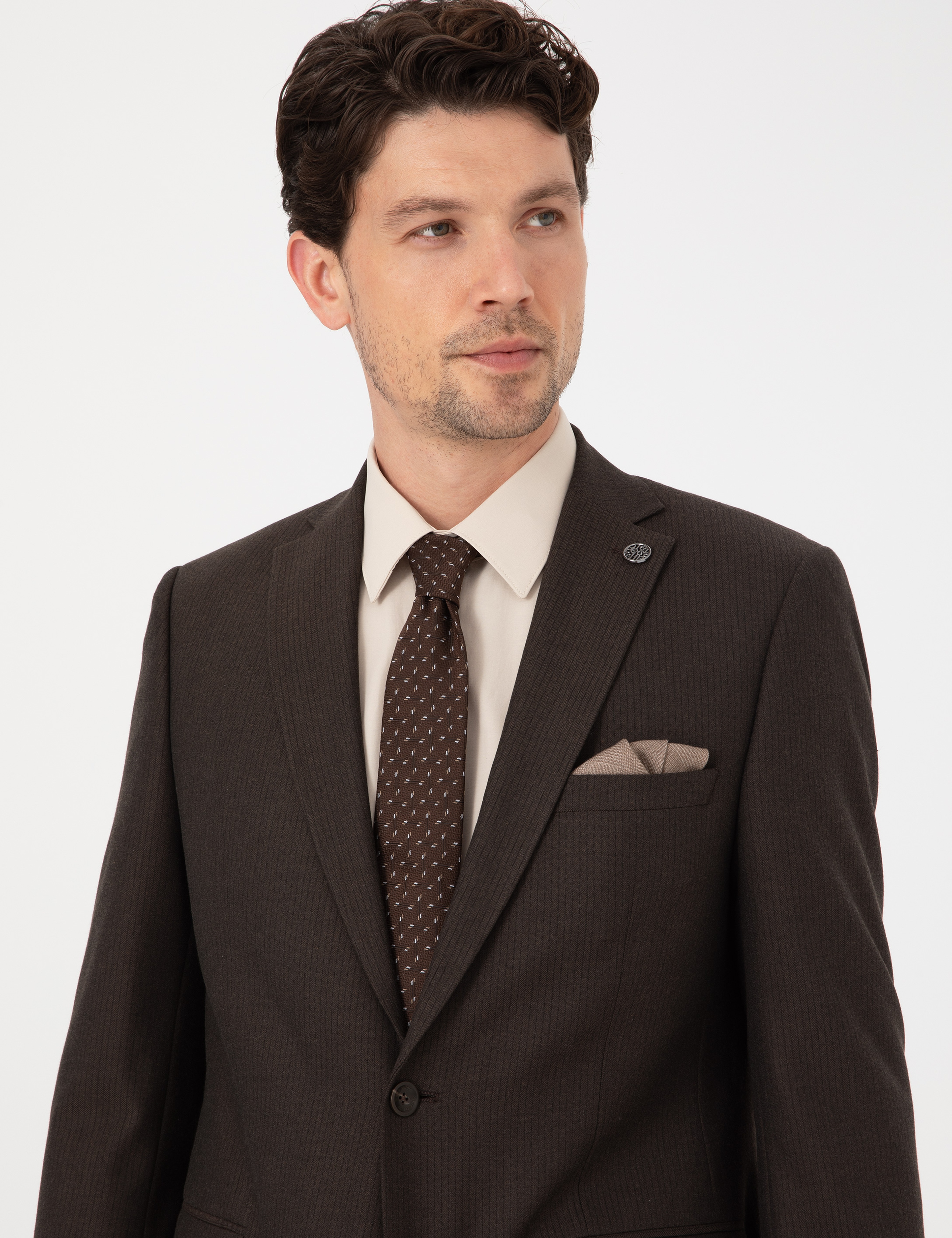 Kahverengi Slim Fit Çizgili Takım Elbise