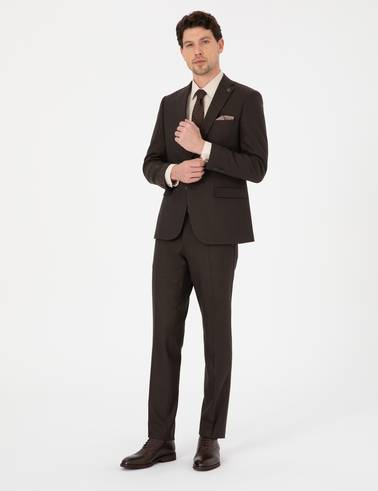 Kahverengi Slim Fit Çizgili Takım Elbise