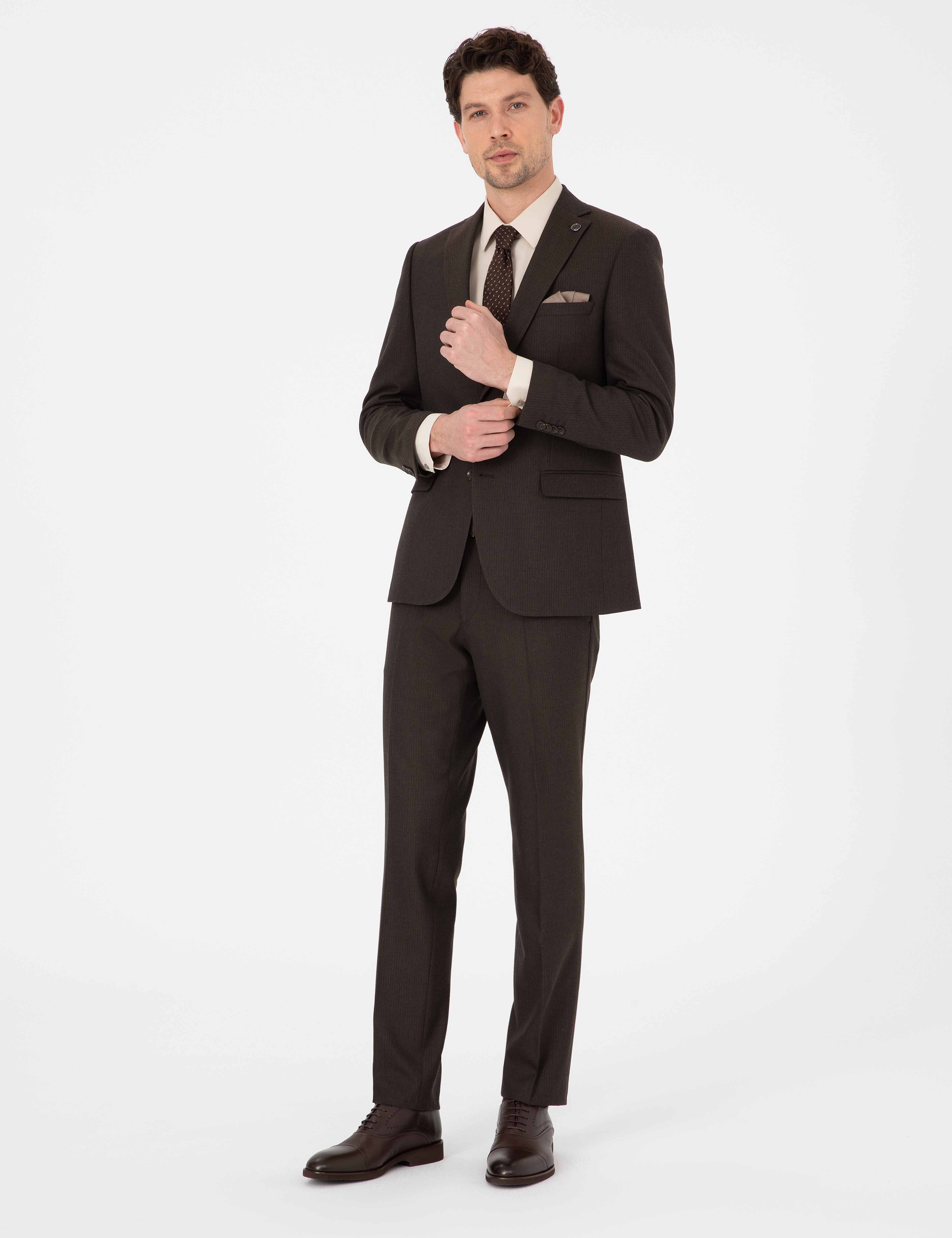 Kahverengi Slim Fit Çizgili Takım Elbise - Image 1