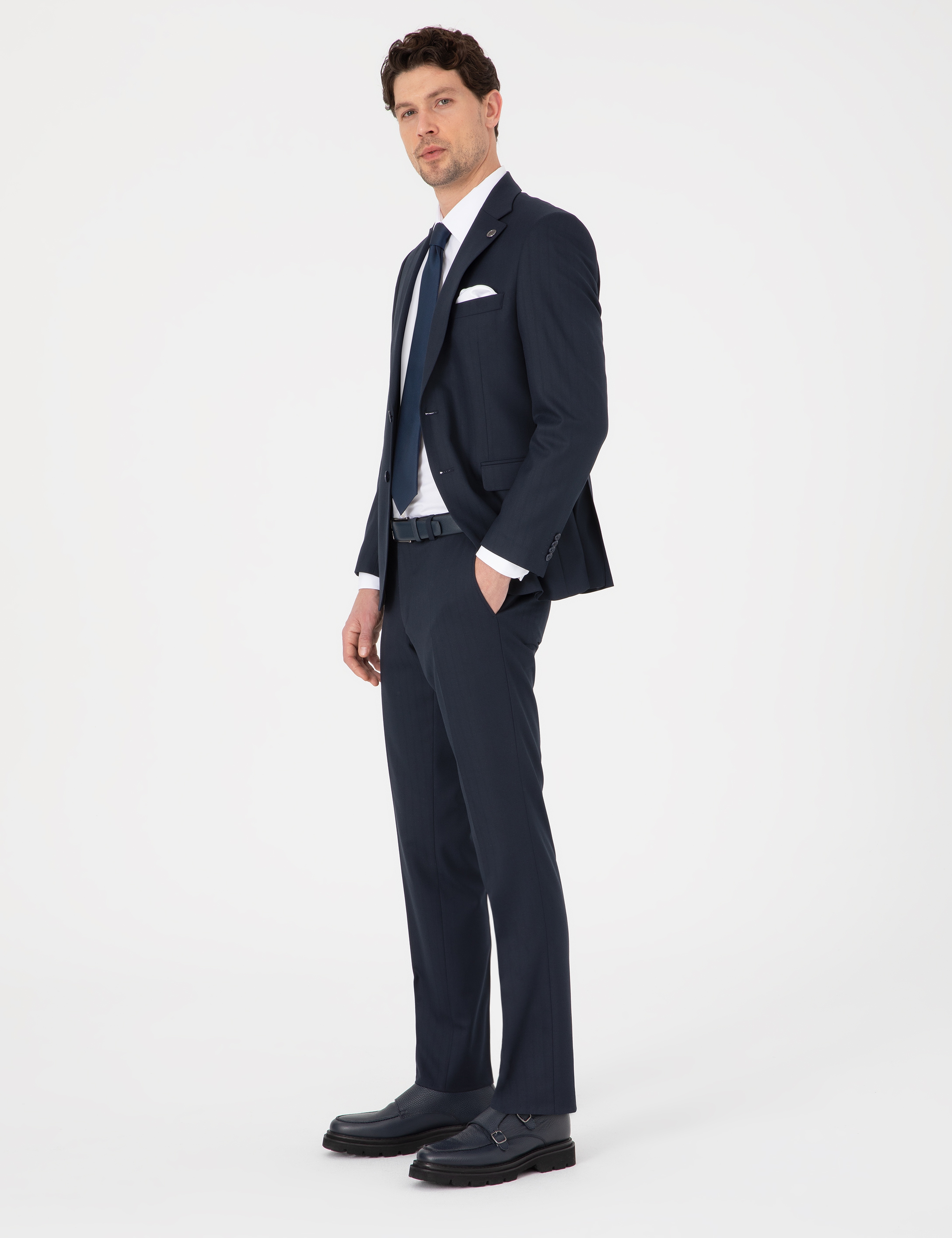 Lacivert Slim Fit Çizgili Takım Elbise - Image 3
