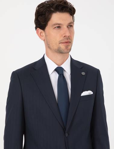 Lacivert Slim Fit Çizgili Takım Elbise