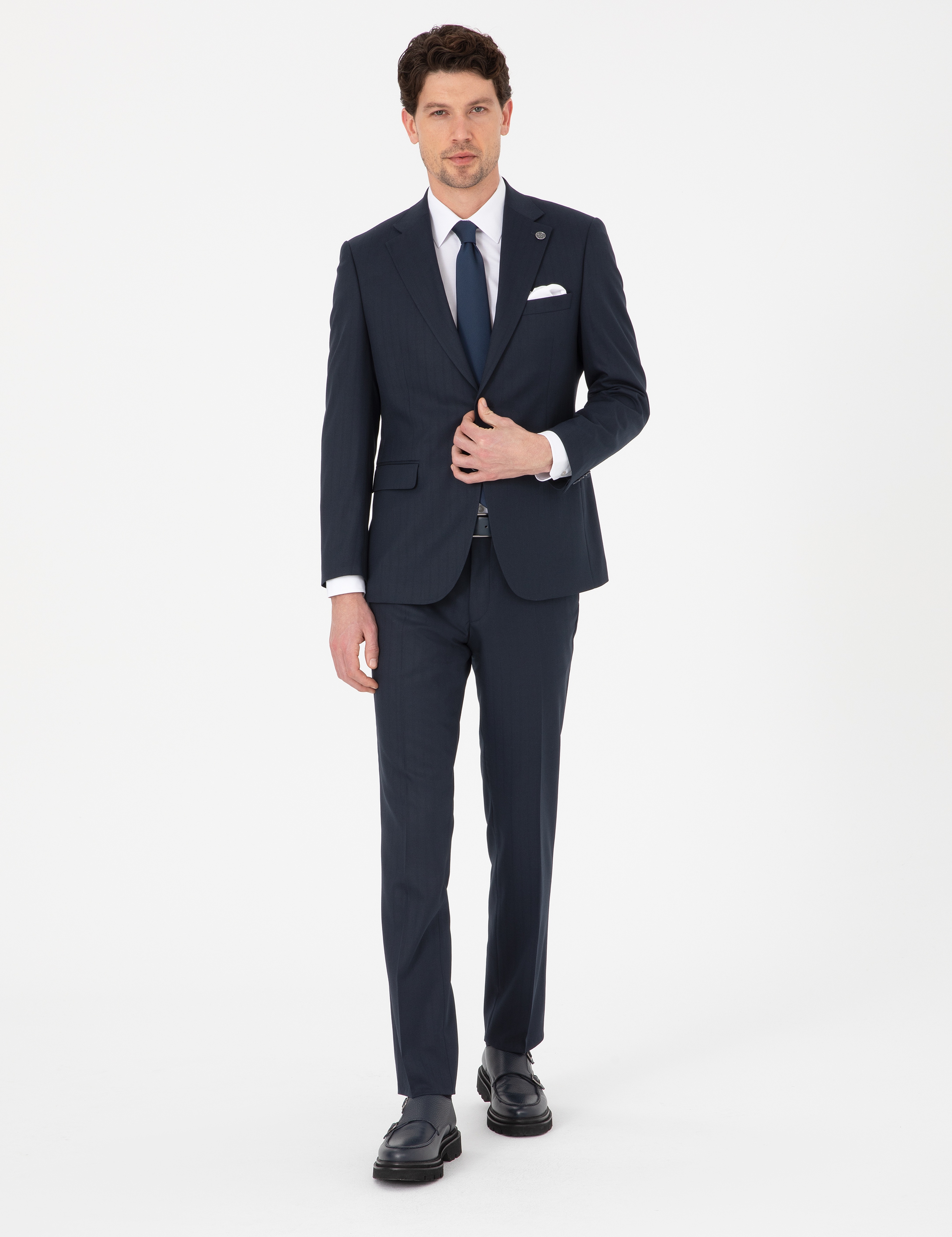 Lacivert Slim Fit Çizgili Takım Elbise - Image 1