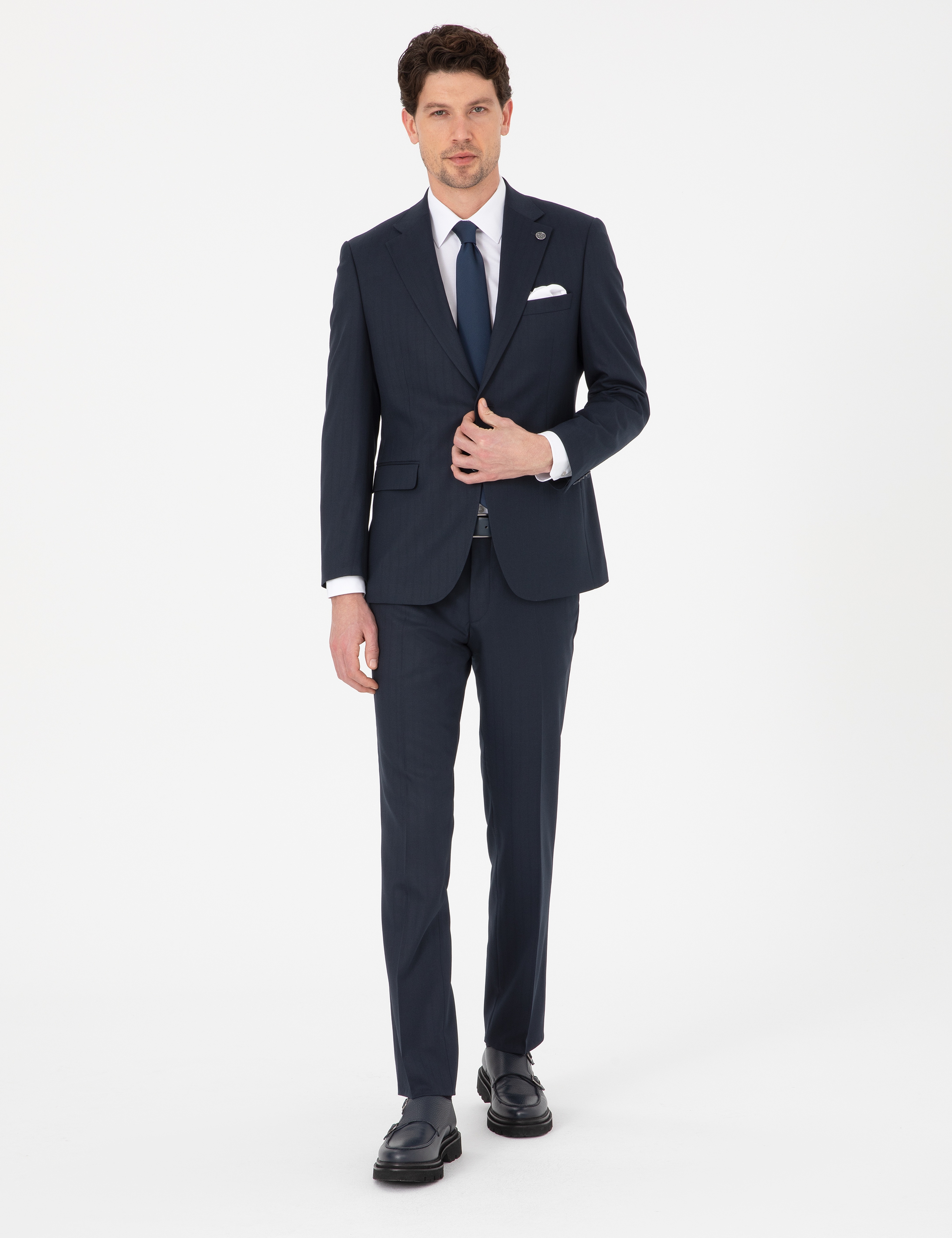 Lacivert Slim Fit Çizgili Takım Elbise