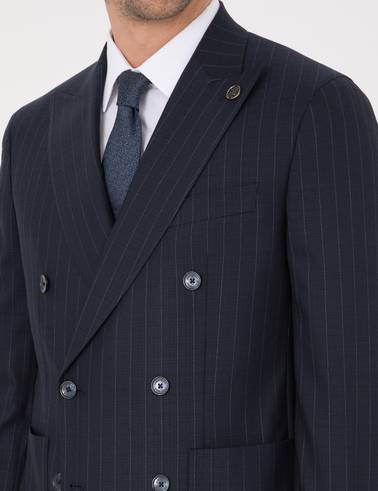 Lacivert Ex. Slim Fit Çizgili Kruvaze Takım Elbise