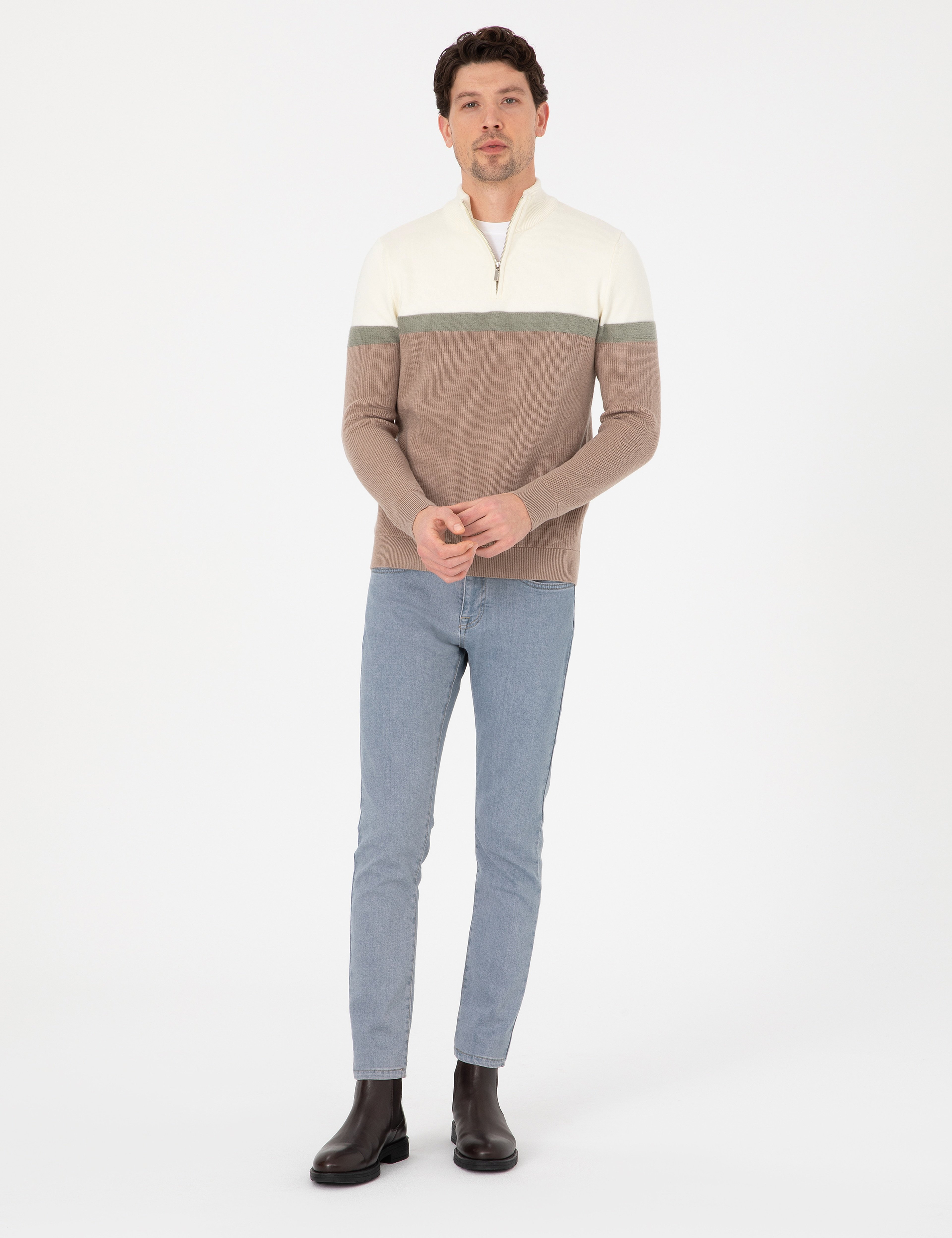 Vizon Slim Fit Dik Yaka Fermuarlı Triko Kazak - Image 4