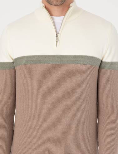 Vizon Slim Fit Dik Yaka Fermuarlı Triko Kazak