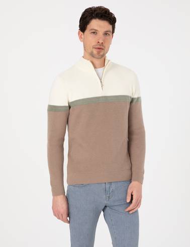 Vizon Slim Fit Dik Yaka Fermuarlı Triko Kazak
