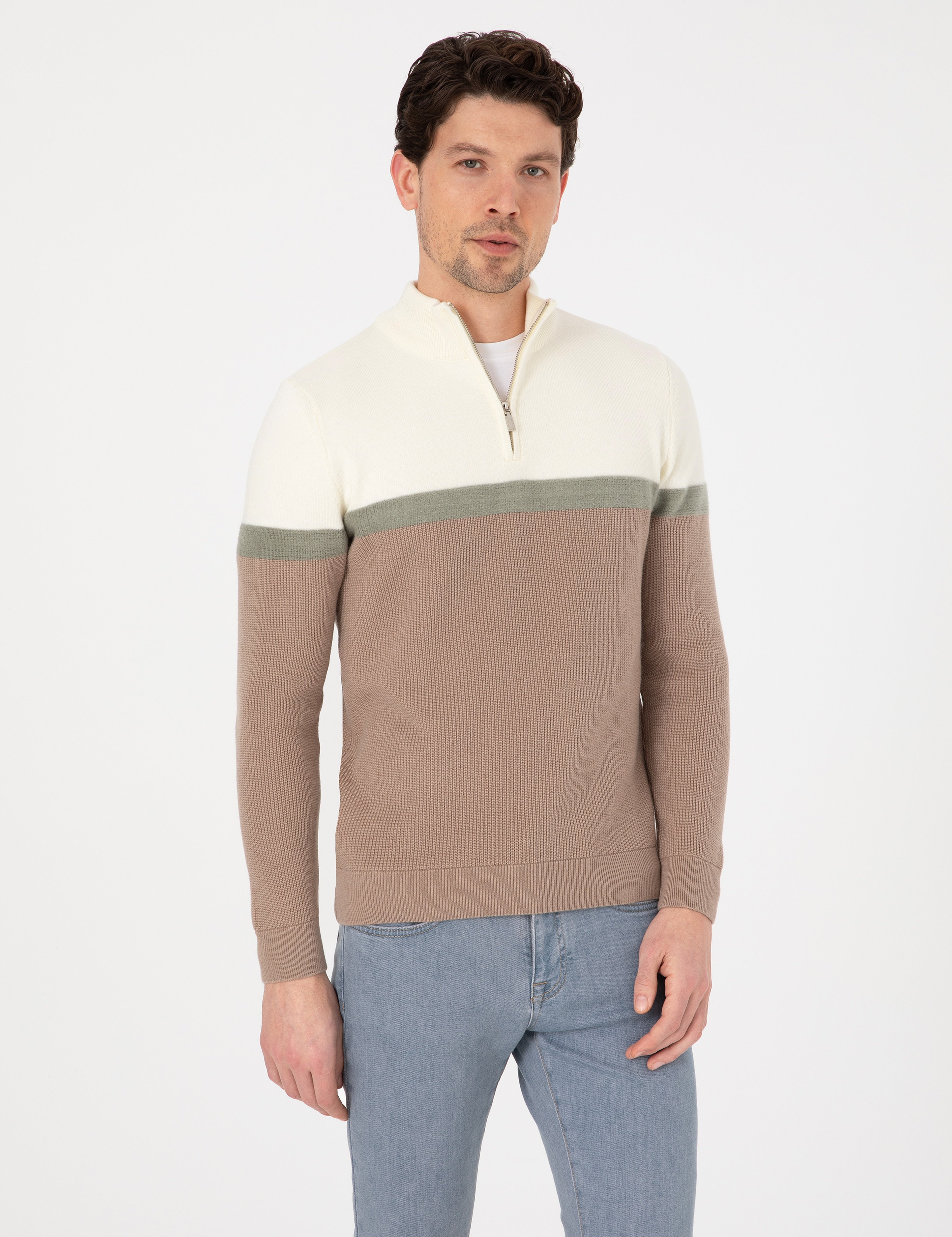 Vizon Slim Fit Dik Yaka Fermuarlı Triko Kazak - Image 3