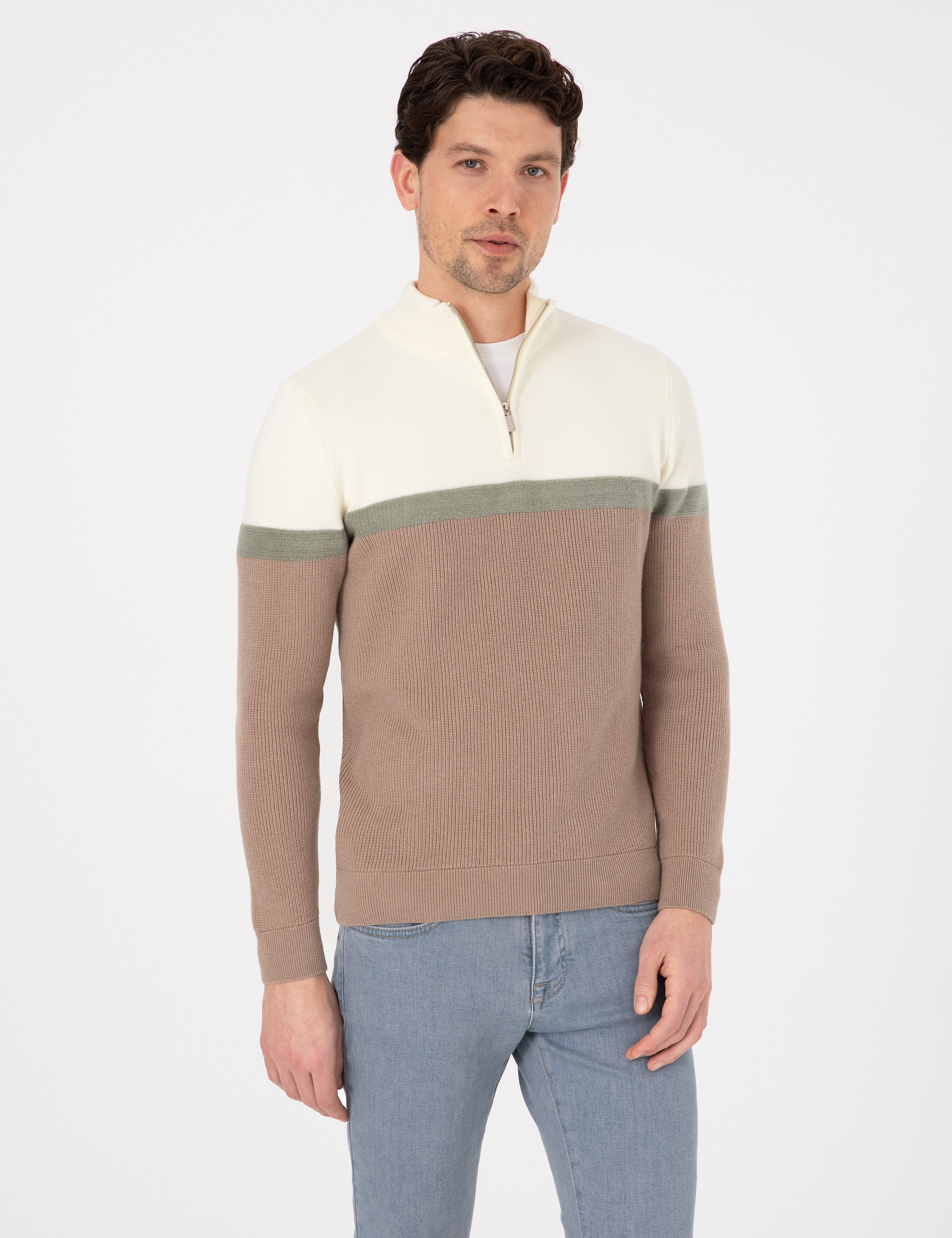 Vizon Slim Fit Dik Yaka Fermuarlı Triko Kazak