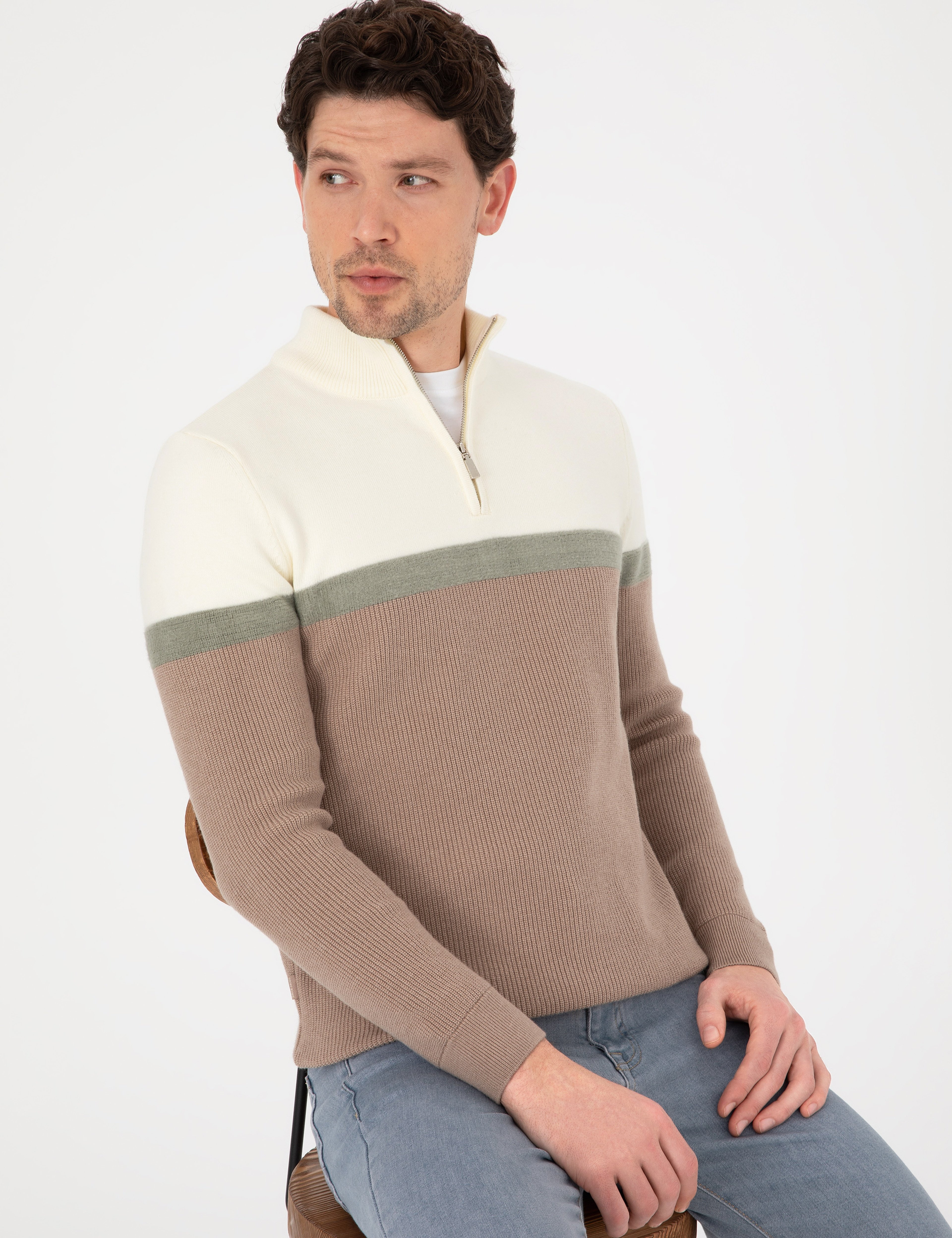 Vizon Slim Fit Dik Yaka Fermuarlı Triko Kazak